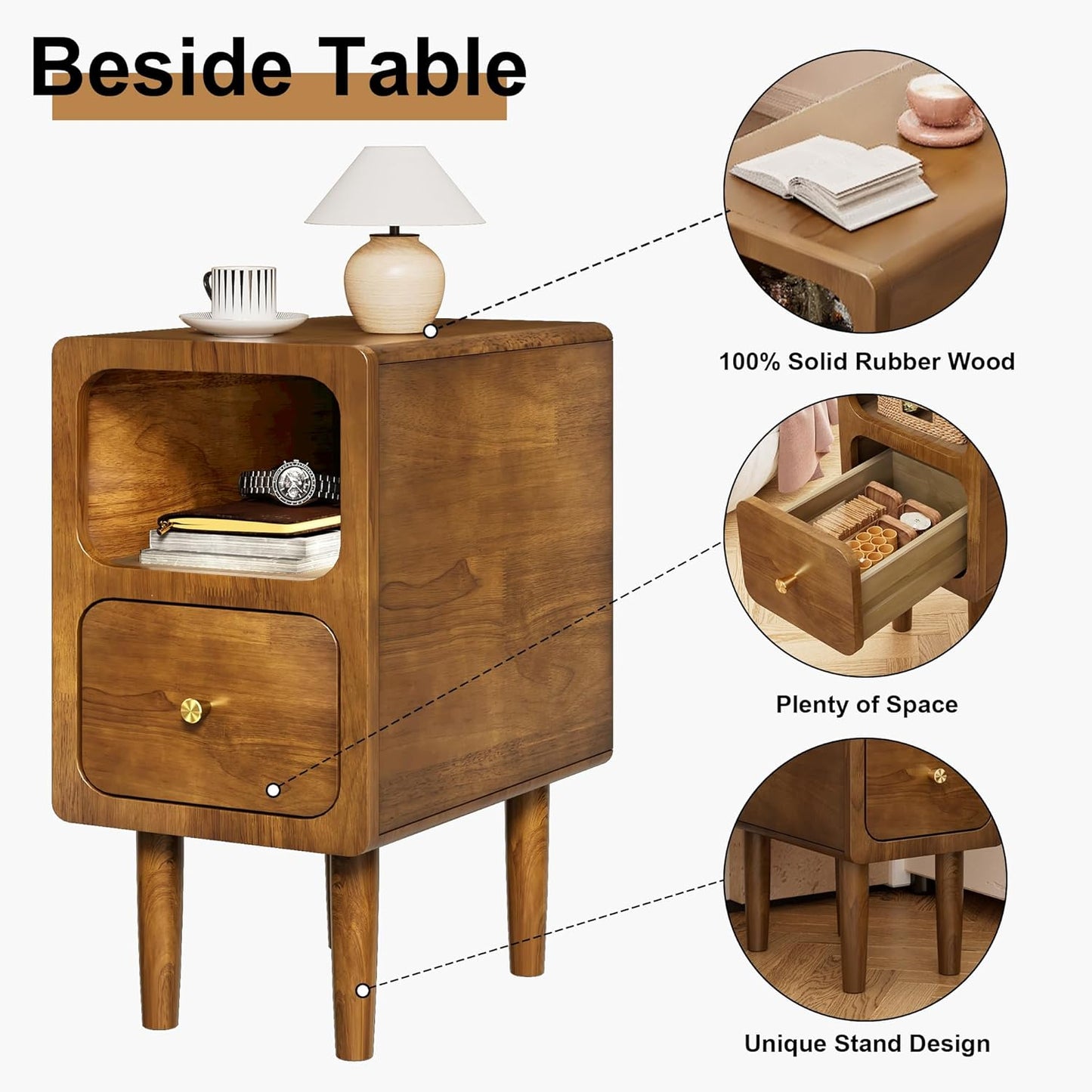 Narrow Nightstand, Solid Wood Night Stand with Drawers, Walnut Mid Century Modern Nightstand, Small Beside Table with Open Storage Shelf for Bedroom (12 inch)