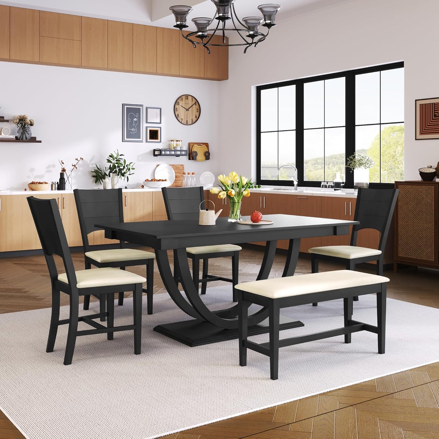 Ball & Cast Dining Table Set for 6,6-Piece Kitchen Table Set W/ 1 Bench & 4 Cushioned Chairs,59" Rectangular Desk W/Half Round Legs & Rectangle Base,for Dining Room,Kitchen,Restaurant,Gray