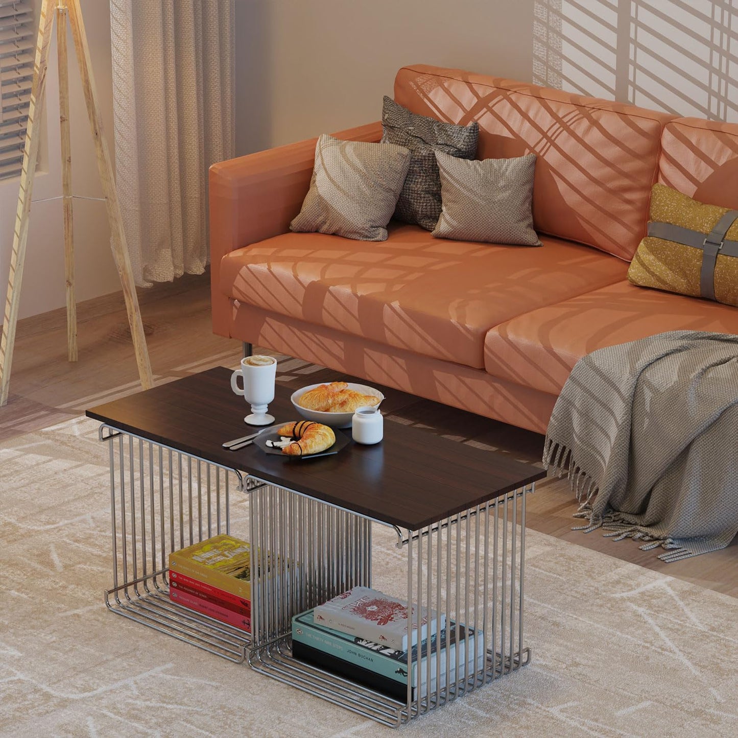 Square Geometry Retro Side Table Prime-Stainless Steel Linear Metal End Table, Iron Multi-Purpose Desktop Shelf (Silver)