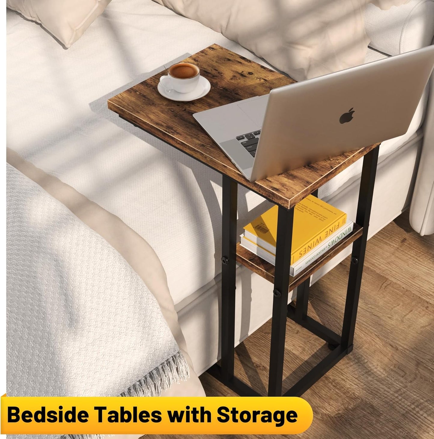 C Shaped End Table with Metal Frame, 2 Tier Sturdy C Table Side Table for Couch Sofa Bedside Small Space, C Snack Table TV Tray Record Player Stand Small Tables for Living Room Bedroom, Rustic Brown