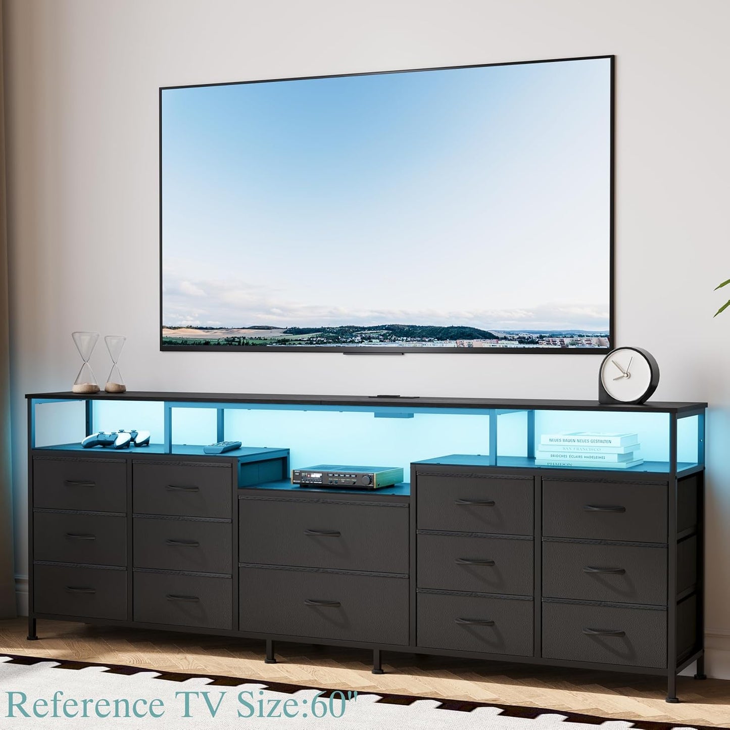70.9" W Large TV Stand for 65/75/80 inchs TVs,14 Drawer Long Dresser with Charging Station and LED Lights,Entertainment Center with Storage for Living Room (Black, 70.9" W)