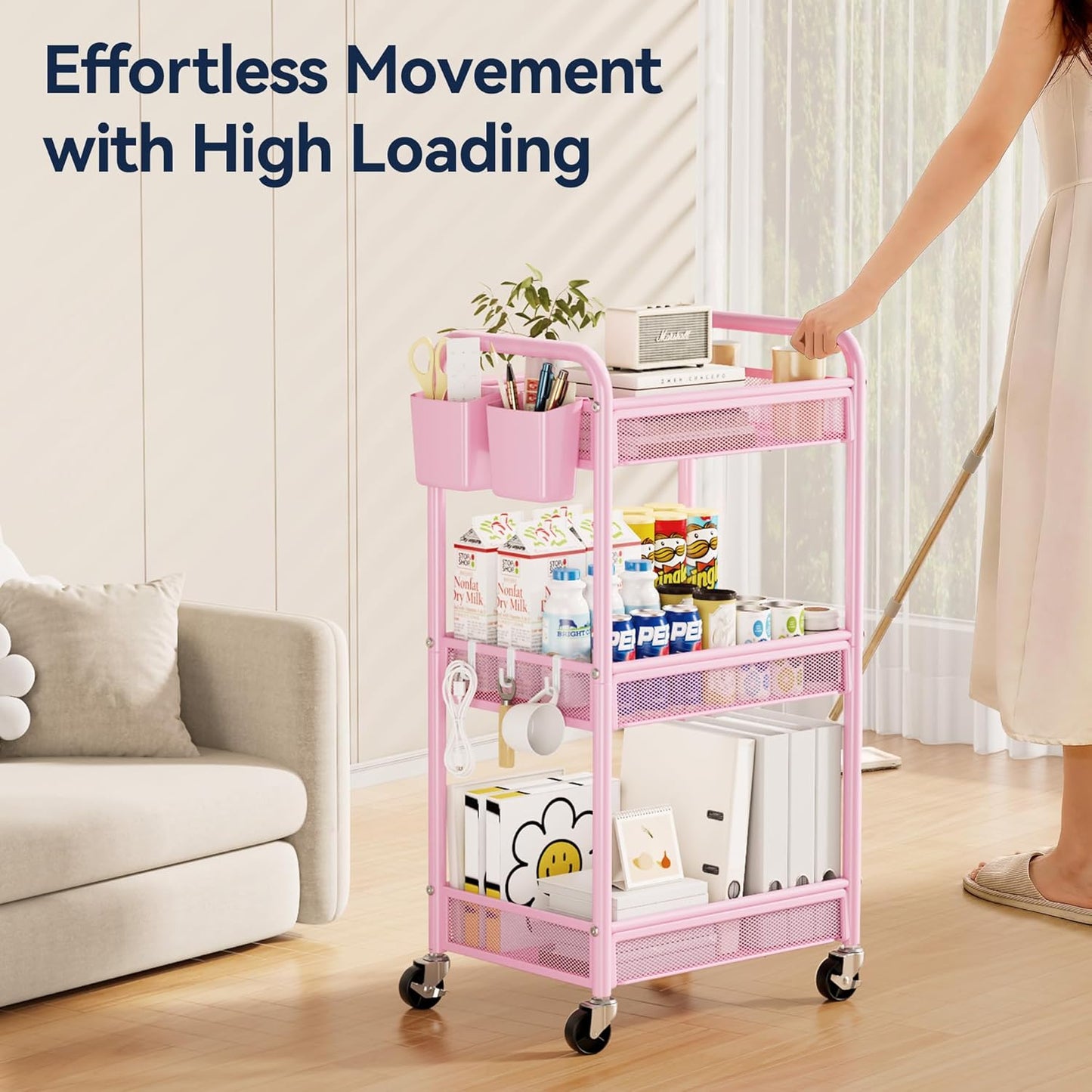 YASONIC 3 Tier Rolling Cart – Metal Utility Storage Cart with Wheels, Craft Cart Organizer with Hanging Cups, Hooks, Mesh Basket for Bedside Kitchen Office Art, Pink
