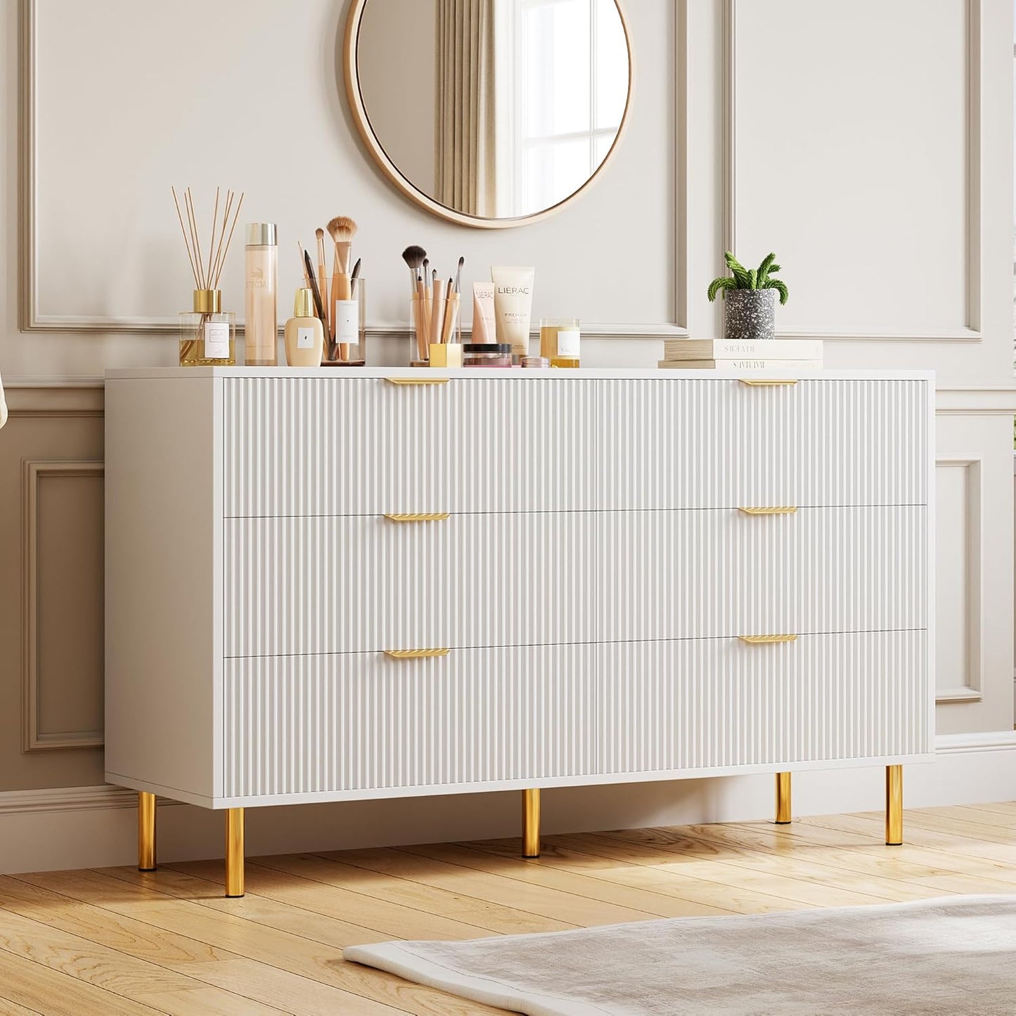 GarveeHome White Dresser, Modern 6 Drawer Dresser for Bedroom with Gold Handle and Large Drawer, Wood Double Chest of Drawers and Storage Organizer for Living Room, Hallway, Entryway