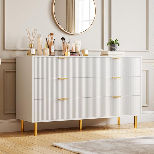 GarveeHome White Dresser, Modern 6 Drawer Dresser for Bedroom with Gold Handle and Large Drawer, Wood Double Chest of Drawers and Storage Organizer for Living Room, Hallway, Entryway