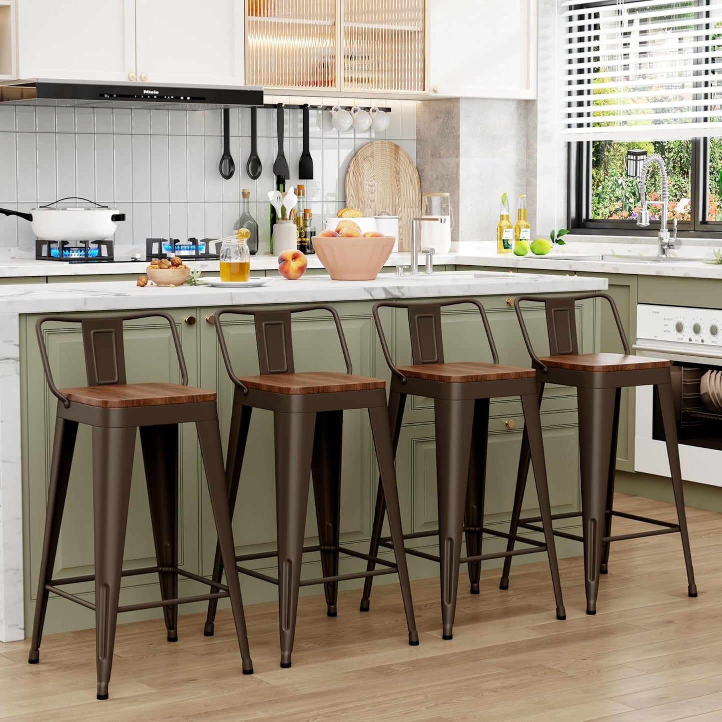 WENTMENT Bar Stools Set of 4 Counter Height Bar Stools Metal Barstools with Removable Back 30" Kitchen Bar Stools with Wooden Seat, Rusty