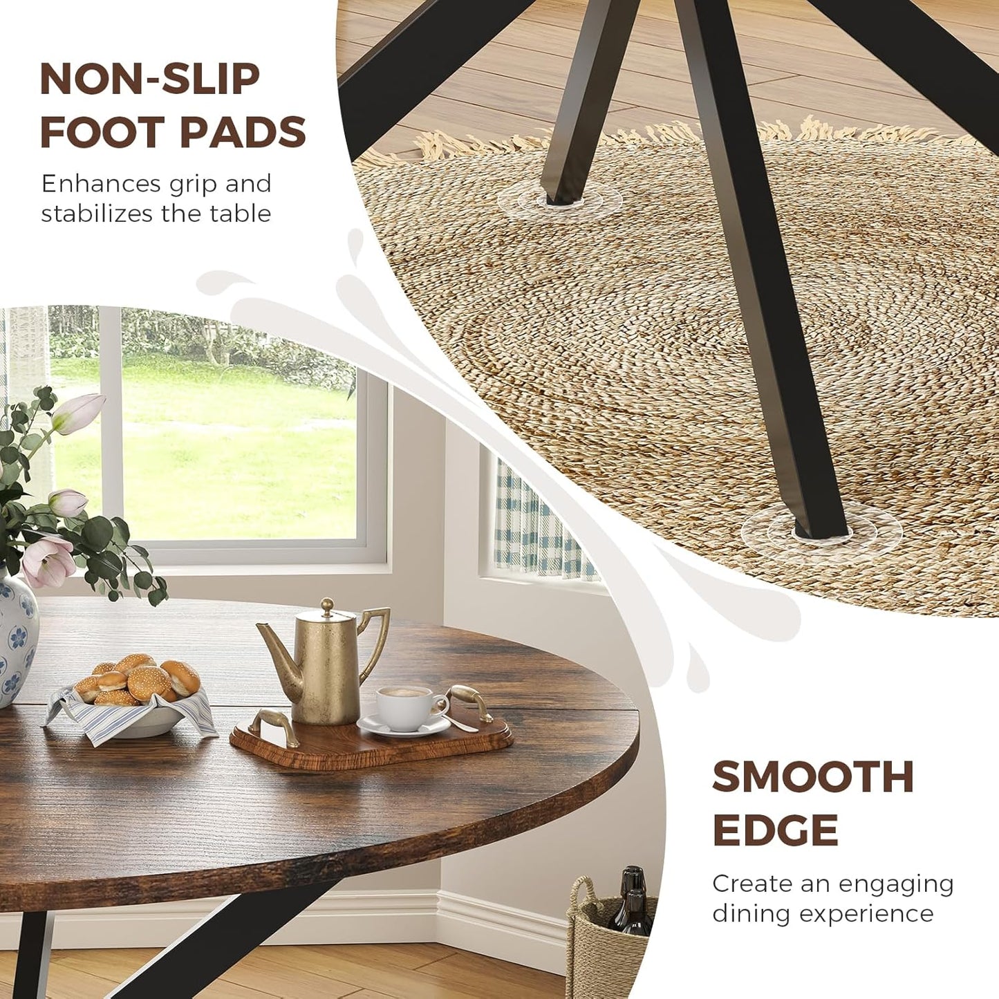 Unovivy 47" Round Dining Table for 4-6, Space Saving Circle Kitchen Dinner Table, Industrial Mid Century Modern Dining Room Desk for Kitchen, Apartment, Rustic Brown