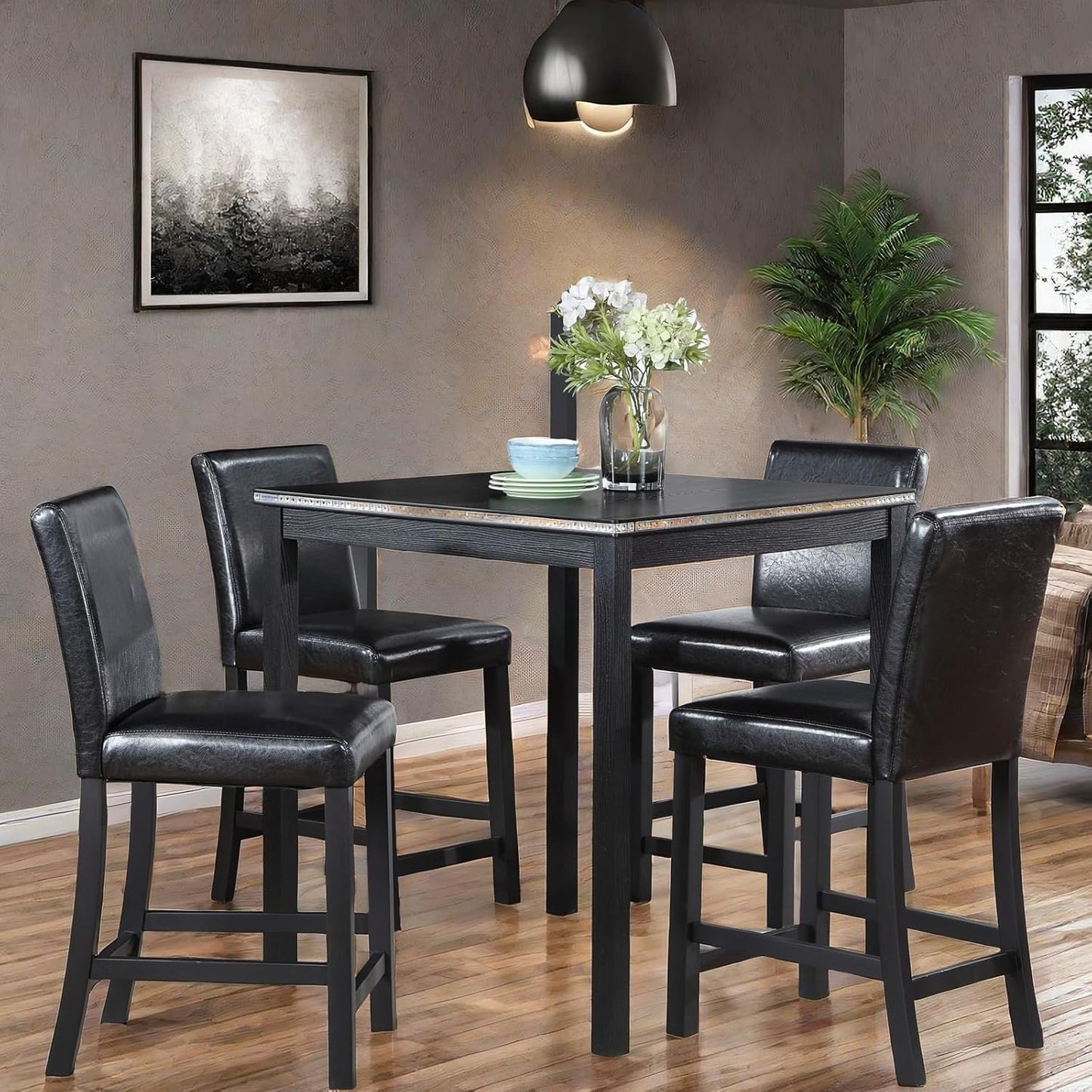 5PCS Wooden Counter Height Table Set, Square Table and 4 Upholstered Chairs, Dining Table with Crystal Decoration, for Kitchen, Dining Room,Black