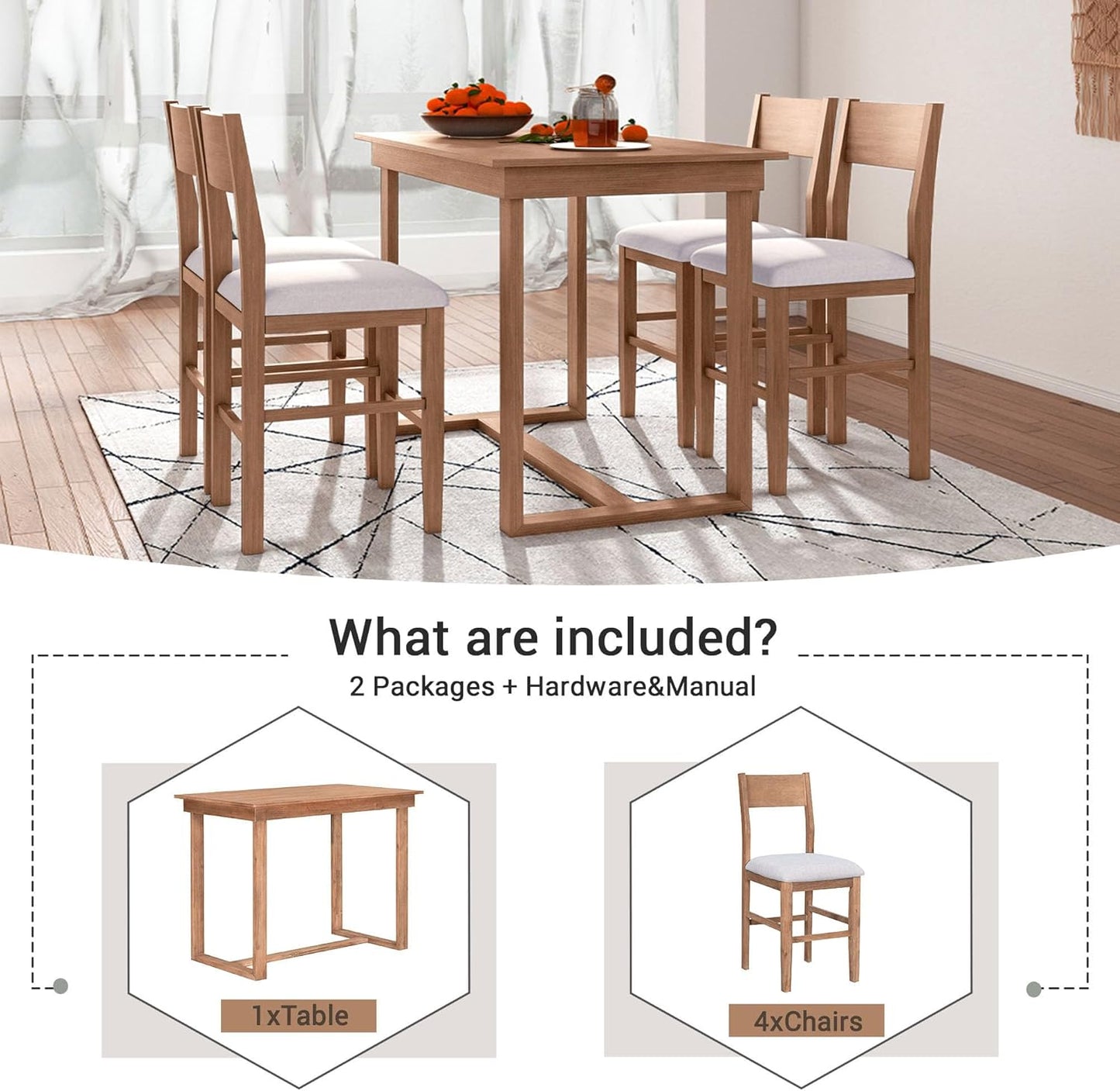 Merax Farmhouse Counter Height 5-Piece Dining Set with 1 Rectangular Table and 4 Upholstered Chairs for Small Places, Family Kitchen Furniture, Brown