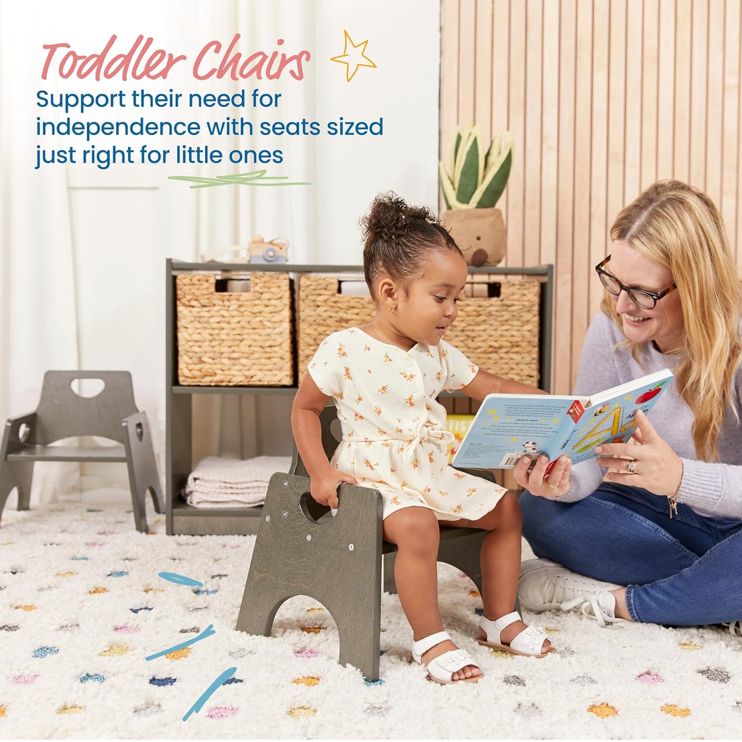 ECR4Kids Stackable Wooden Toddler Chair, 8in, Kids Furniture, Grey Wash, 2-Pack