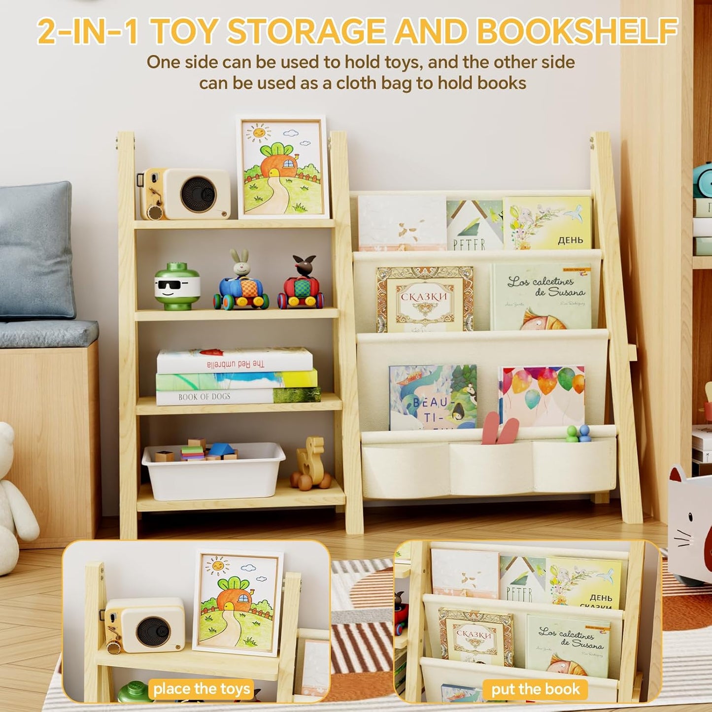 Toy Storage Organizer with Kids Bookshelf, Montessori Wooden Toy Organizer Book Shelf for Kids Rooms, Nursery, Playroom, Child, Baby, Toddler Bookcase, Toys Rack Fabric Sling Book Shelves