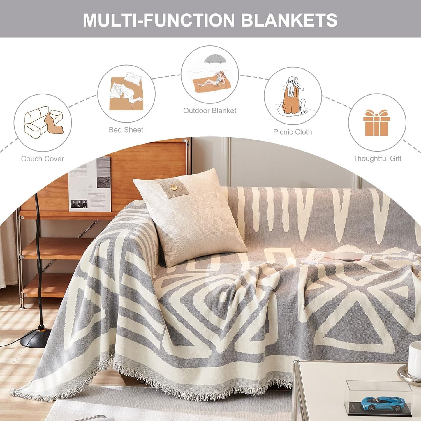 STACYPIK Boho Grey Sofa Cover Furniture Protector Couch Soft with Tassels for Kids Jacquard Triangle Couch Cover for Loveseat Cover Reversible Non Slip Sofa Cover Pets Dogs Friendly Home Decor-71X71IN