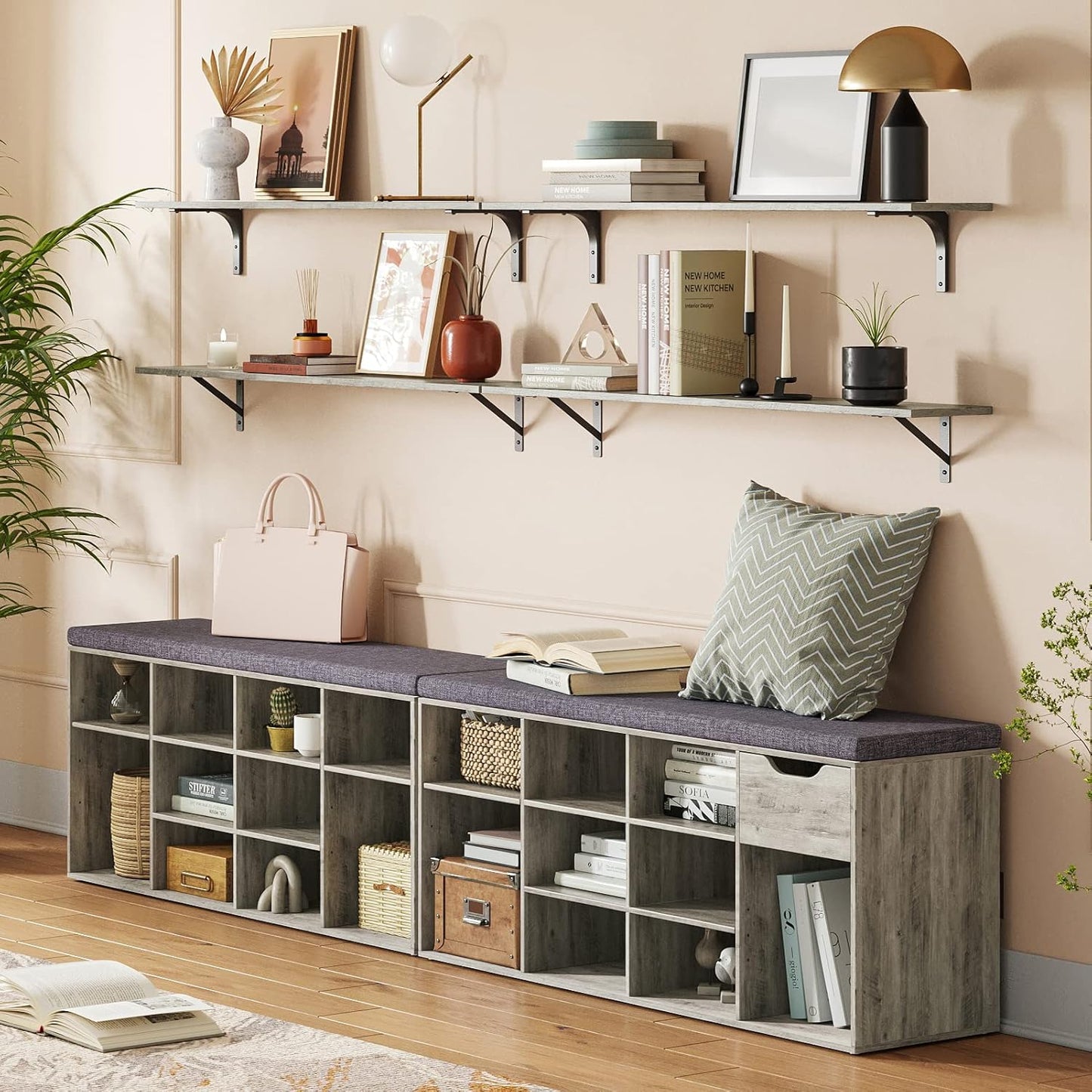 DINZI LVJ Shoe Bench, Entryway Storage Bench with Drawer and 11 Cubbies, Cubby Shoe Rack with Adjustable Shelves, Organizer Cabinet for Living Room, Mudroom, Closet and Garage, Gray Wash