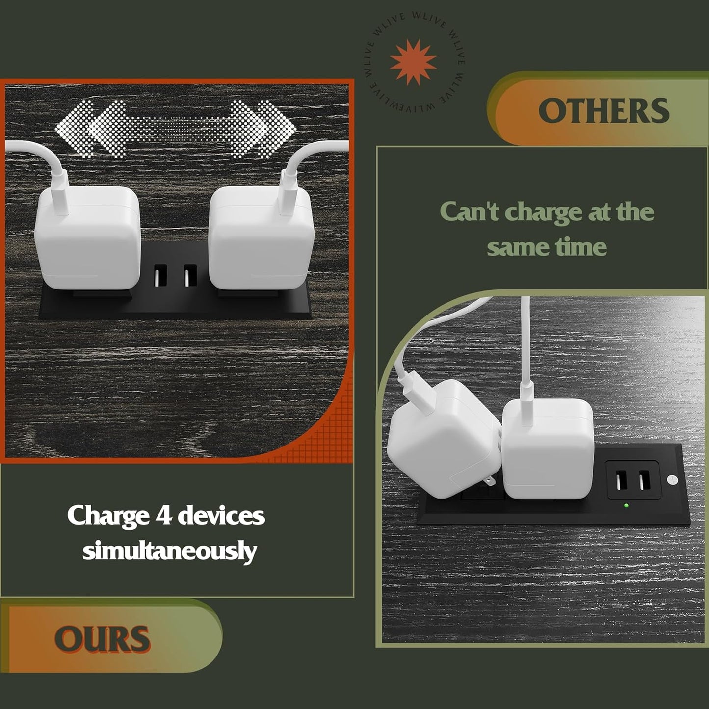 WLIVE Night Stand Set 2, Black Nightstand with Charging Station, Bedside Tables for Bedroom, Side Table with Fabric Drawers, USB Ports and Outlets