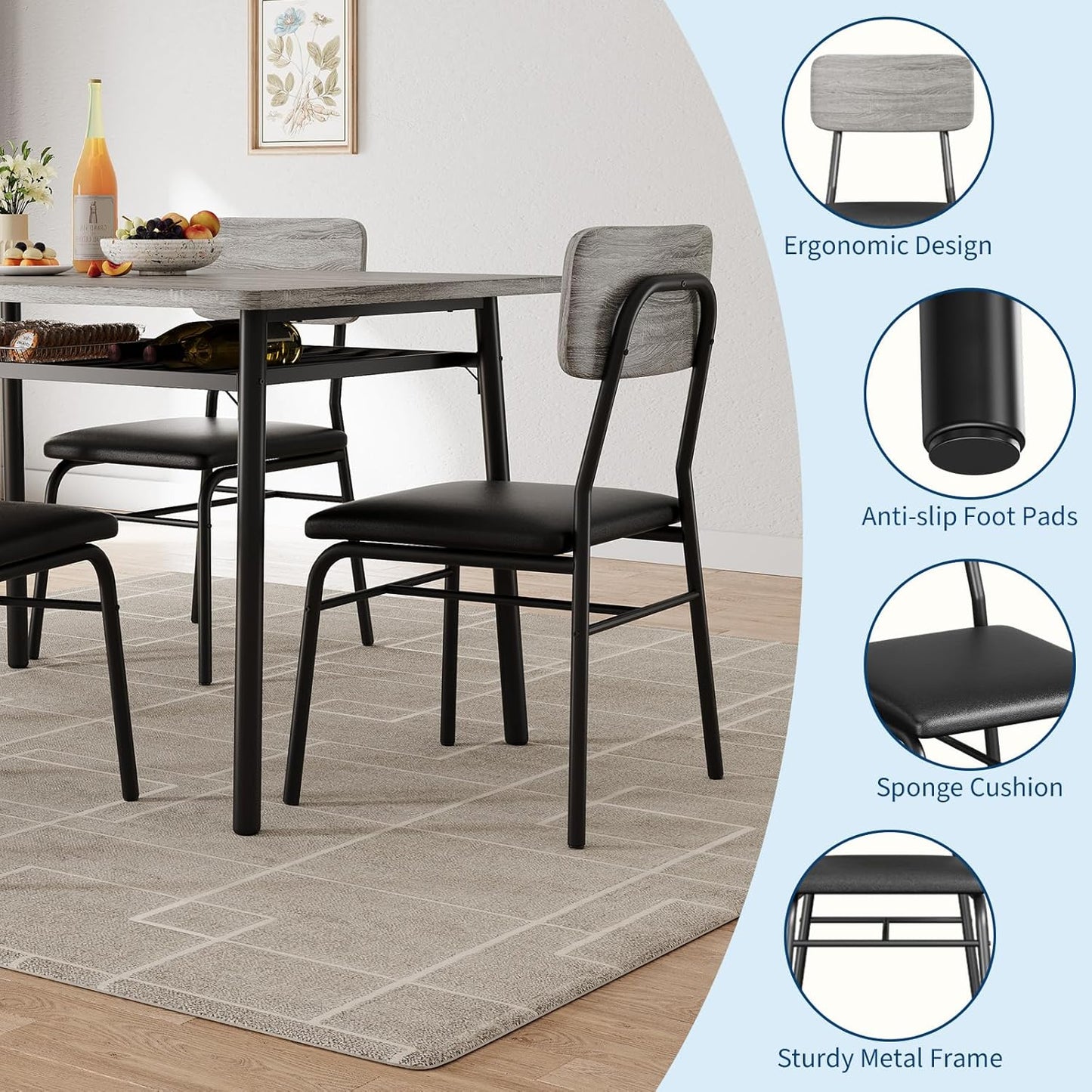 GarveeHome Dining Table Set for 4 with Storage Rack, 5-Piece Kitchen Table and Upholstered Chairs of 4, Wood Tabletop & Heavy-Duty Metel Frame, Dining Room Set for Small Space, Apartment, Gray