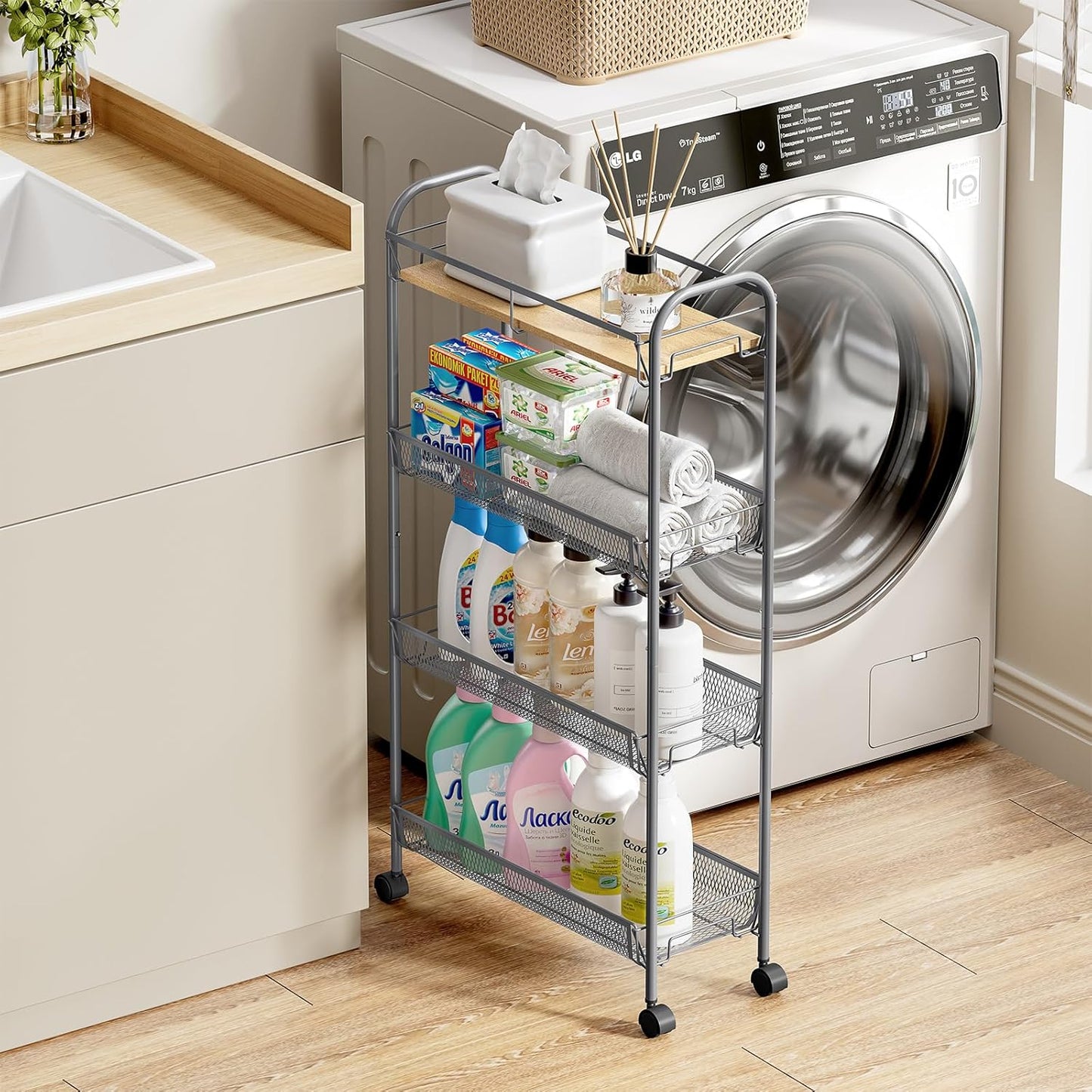 KINGRACK Metal Slim Rolling Cart,4-Tier Metal Utility Cart,Storage Cart with Wooden Tabletop, for Narrow Space on Laundry Bathroom Kitchen Room Bedroom Apartments Dormitory (Light Grey, Slim)
