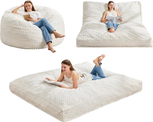 Hobestluk Bean Bag Chair Convertible Beanbag Chairs for Adults, 3 in 1 Bean Bags with Plush Chevron Cover, Adult Bean Bag Chair for Living Room, Bedroom (White, Queen)