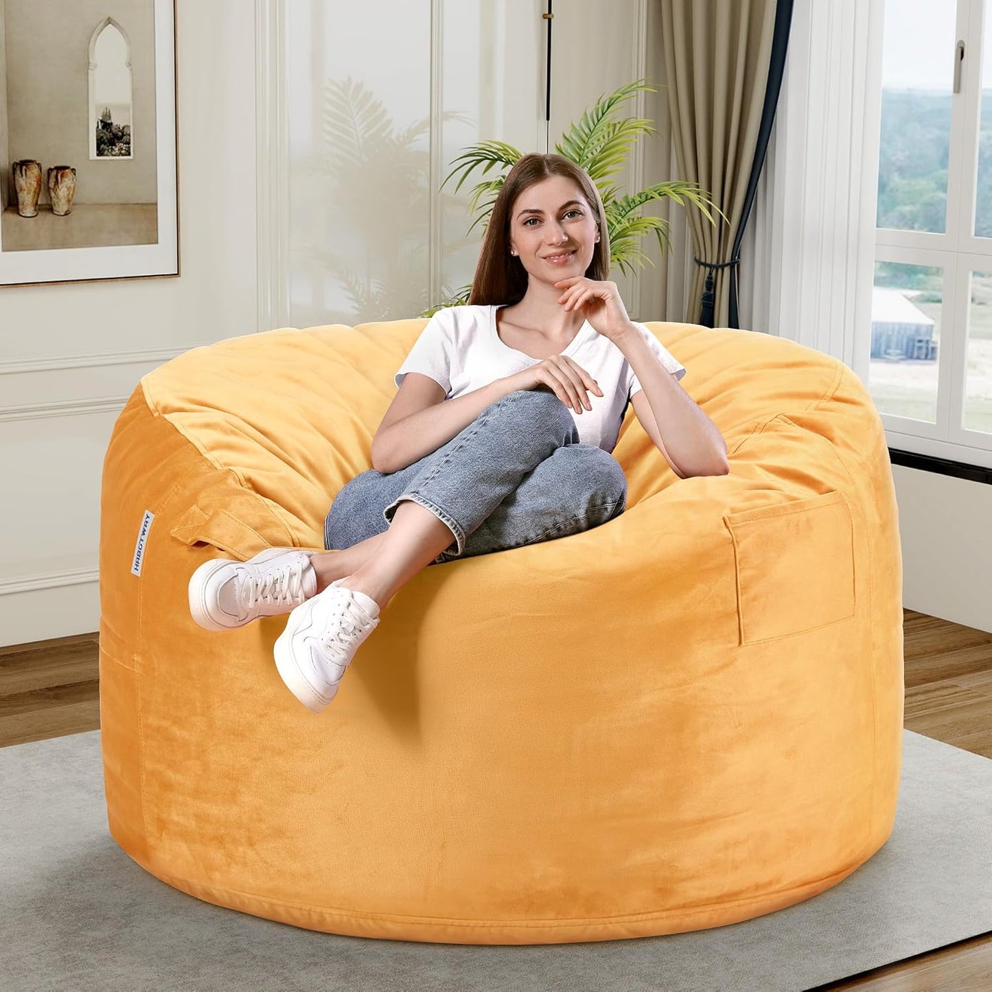 HABUTWAY Bean Bag Chair 3Ft Luxurious Velvet Ultra Soft Fur with High Rebound Memory Foam Bean Bag Chairs for Adults Plush Lazy Sofa with Fluffy Removable Sponge 3' (Mustard)