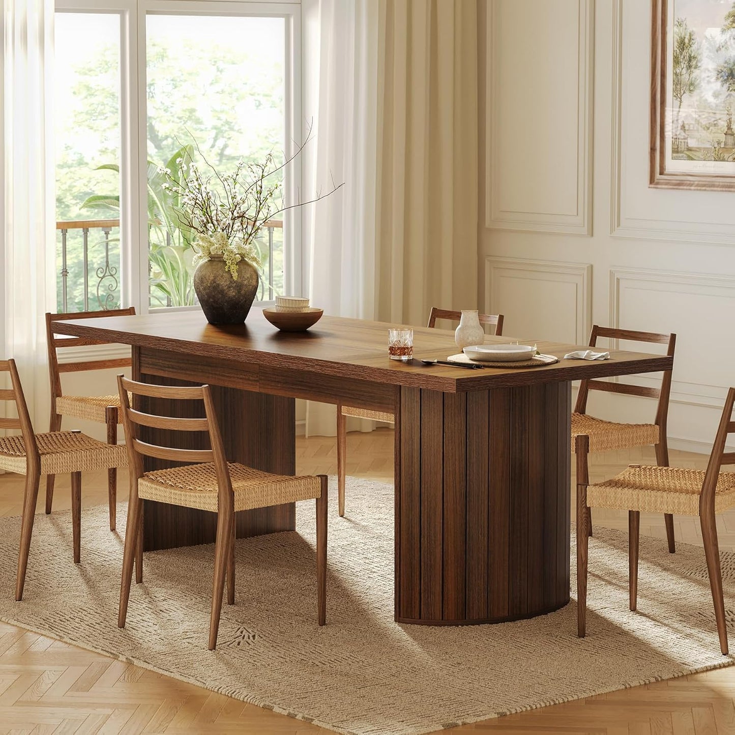 1Easylife 78.74 Inches Long Dining Table for 6, All Wooden Rectangle Kitchen Table, Vintage Dinner Table, Large Dining Room Tables with Half Round Pedestal Fence Design, Deep Brown