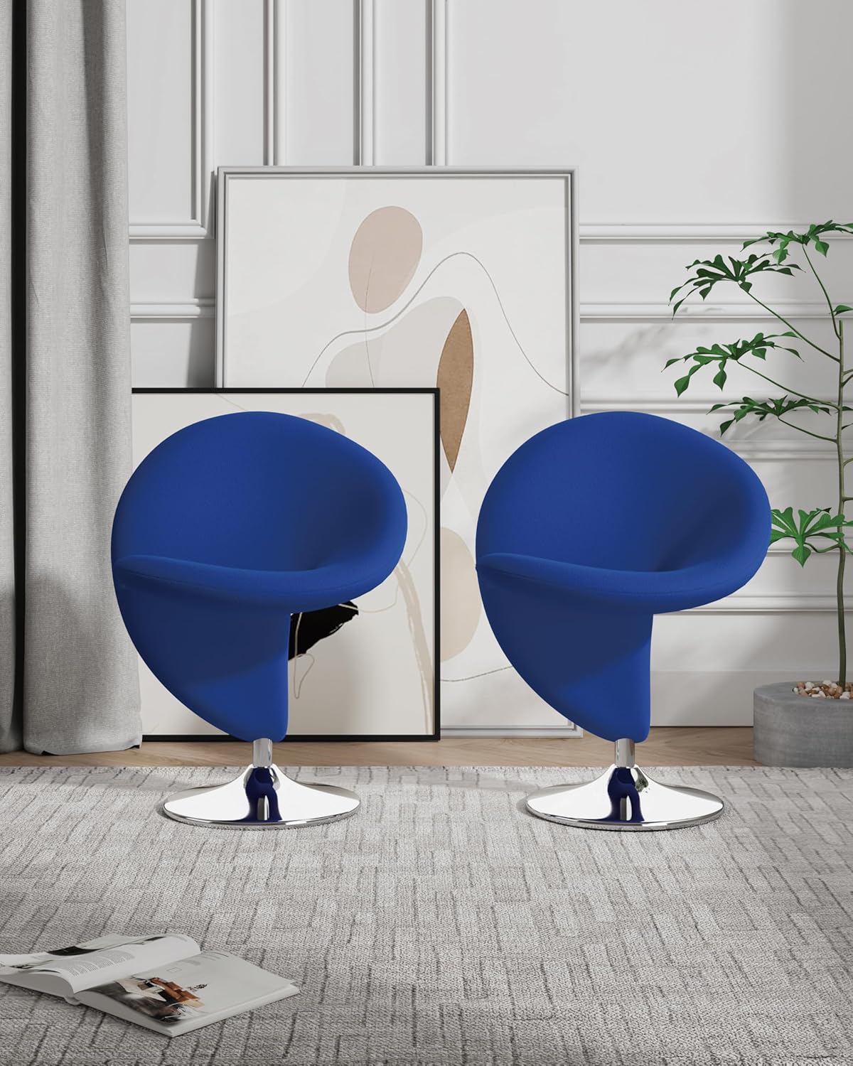 Manhattan Comfort Curl Mid Century Modern Wool Blend Upholstered Living Room Swivel Accent Chair with Chrome Metal Base, Set of 2, Blue