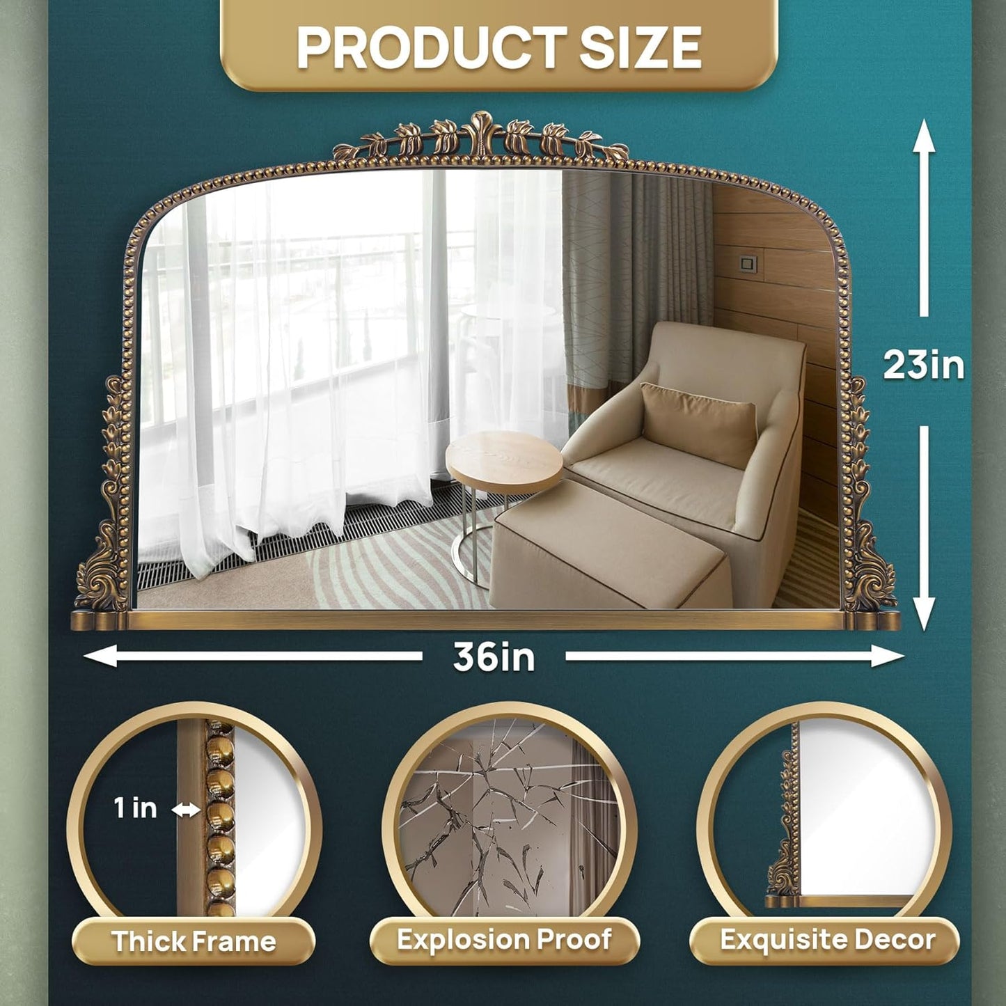 36"x23" Vintage Baroque Arched Wall Mirror, Ornate Antique Brass Wood Frame Decorative Mirror, Large Victorian Style Bathroom Mirror for Living Room, Fireplace, Entryway & Hallway