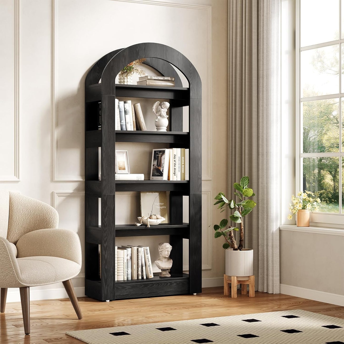 LITTLE TREE 5-Tier Bookshelf, Arch-Shaped Racks, Tall Standing Wooden Bookcase Display Shelf Modern Storage Solution (1, Black)