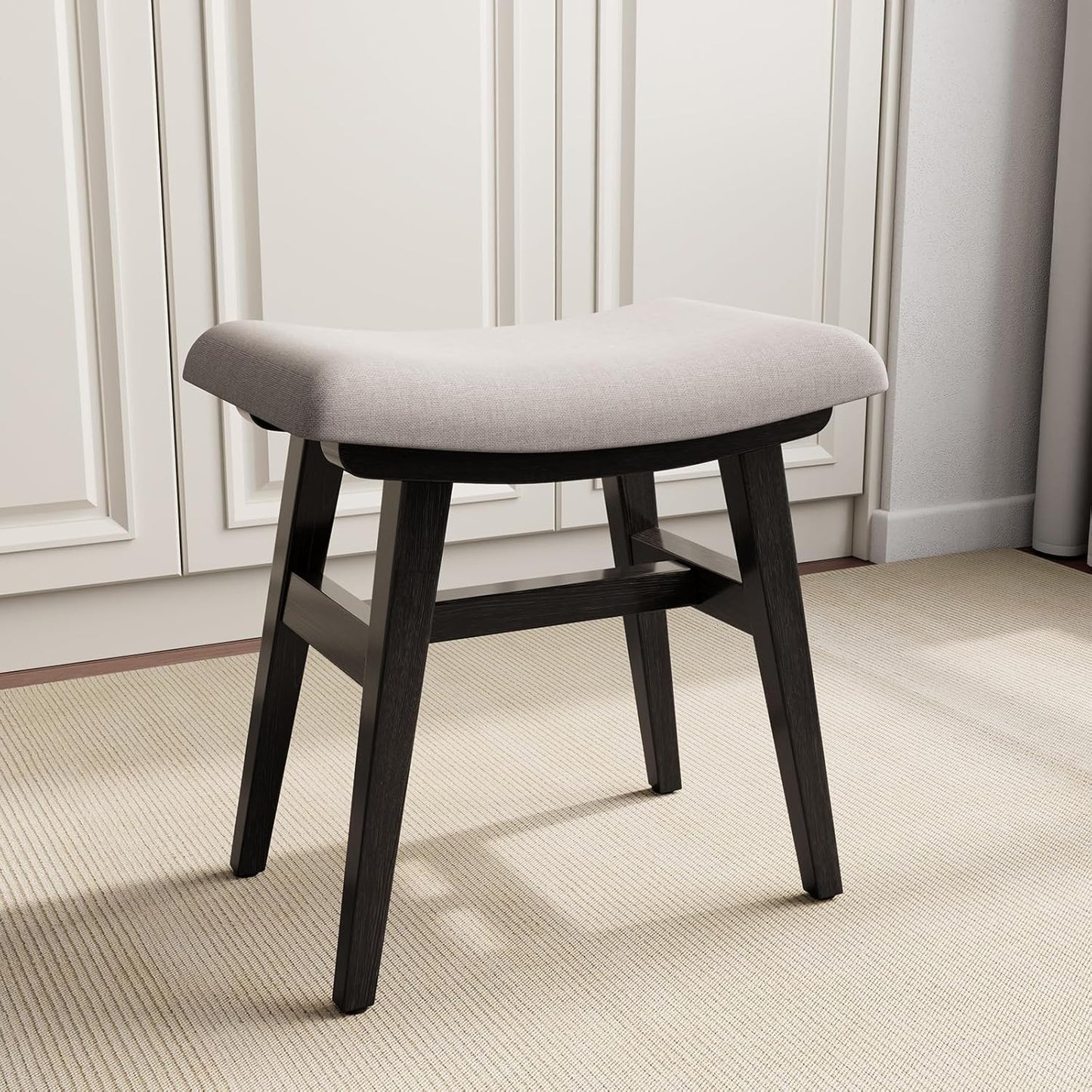 Solid Wood Small Vanity Stool, Compact Makeup Chair with Saddle Cushion, Linen-Covered High Rebound Sponge Seat, Easy Assembly Footstool for Bedroom, Entryway, Home, Black