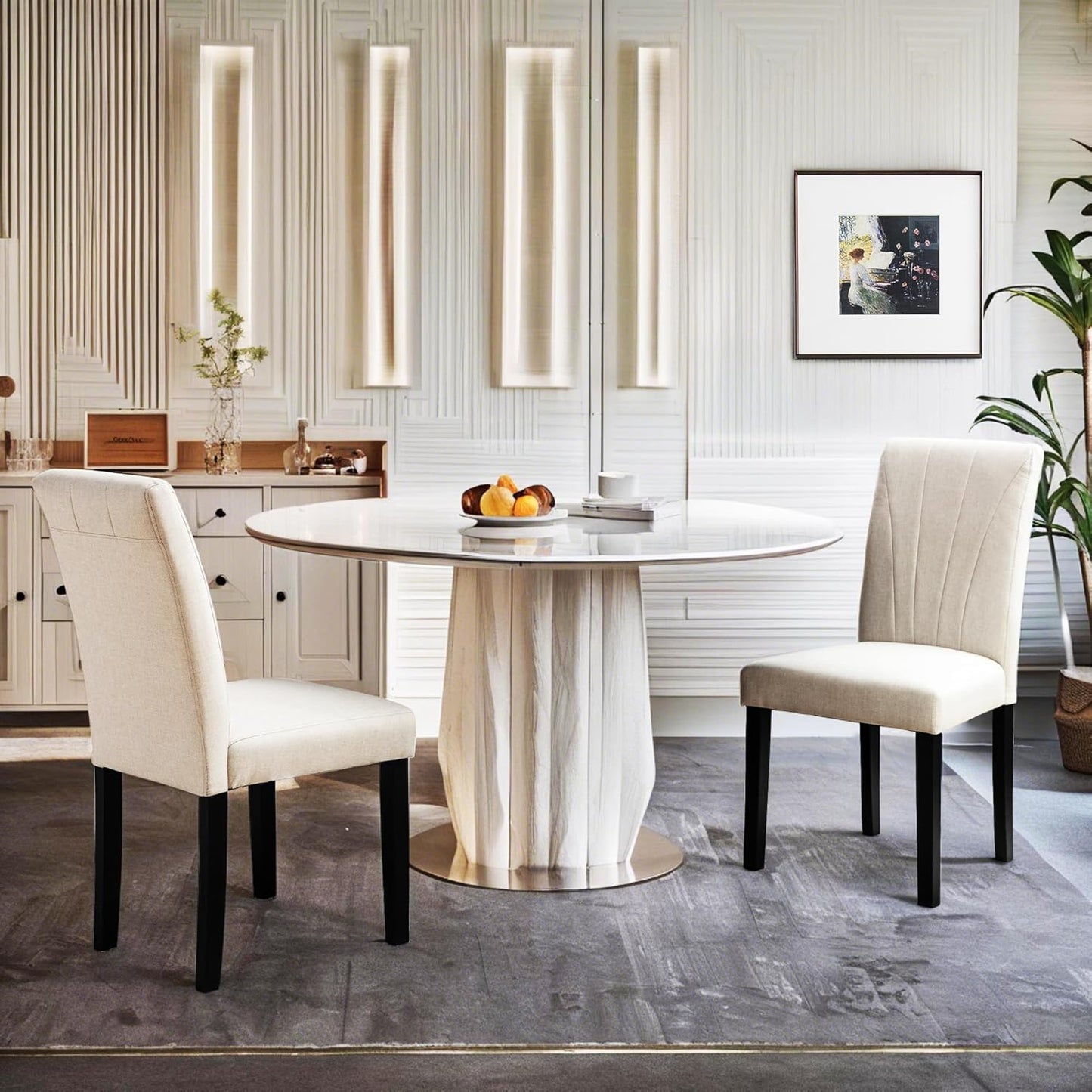 VECELO Upholstered Dining Chairs Set of 2, Modern Fabric and High Back & Solid Wood Legs, Parsons for Kitchen/Living Room- Beige