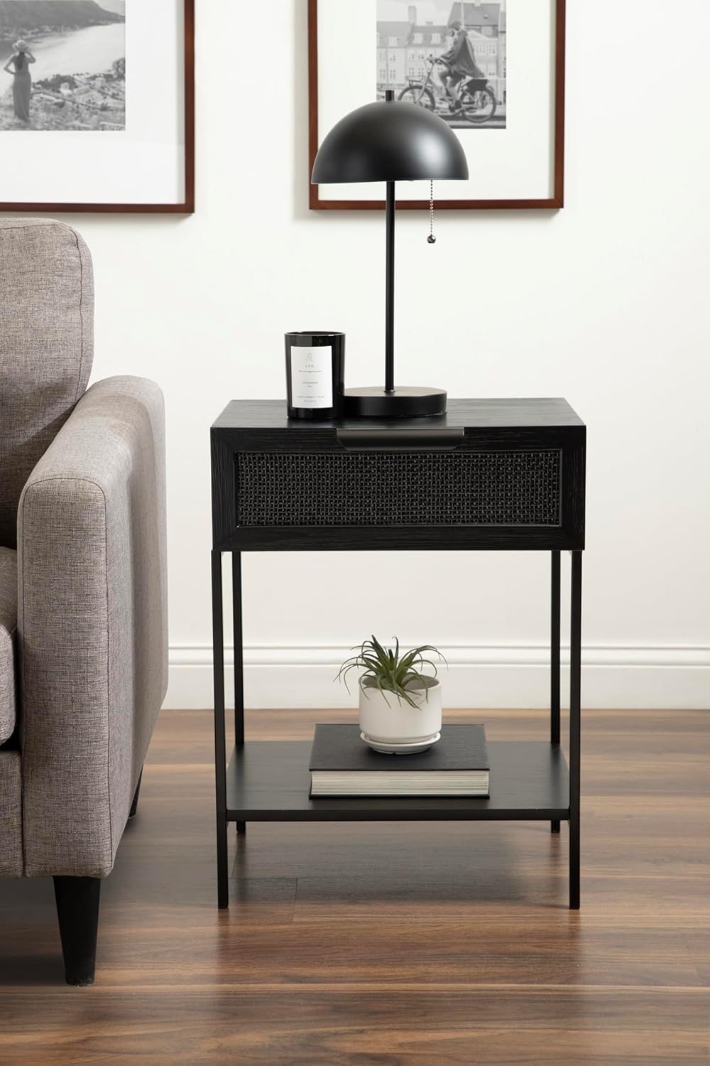 Kate and Laurel Ori Modern Cane Rectangle Side Table, 18 x 15 x 24, Black, Versatile Rattan Living Room End Table with Drawer for Storage and Home Decor