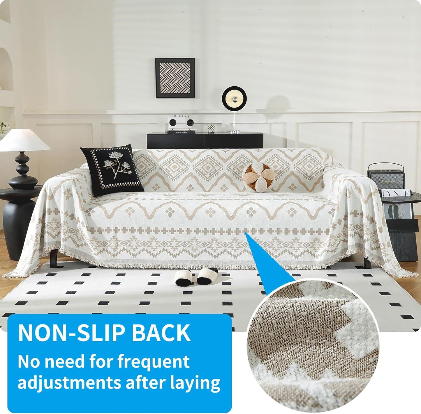 LUFEIJIASHI Boho Couch Covers for Sofa Non Slip Sofa Covers Washable Couch Covers for 3 Cushion Couch Sofa Pet Friendly Sectional Couch Cover Blanket Furniture Protector for Dogs (Khaki, 91"x150")