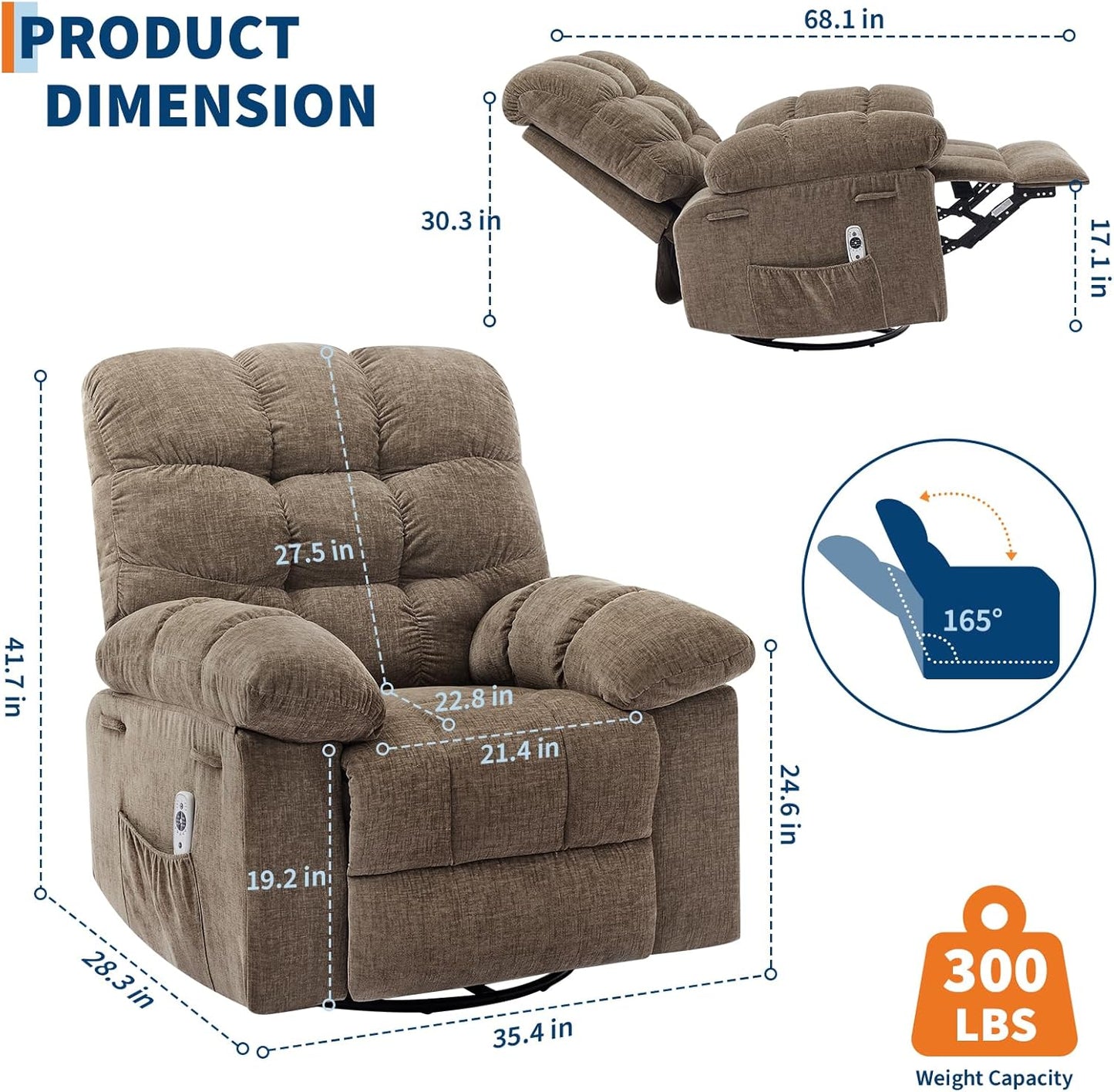 Rocking Recliner Chair with Vibration Massage & Heat, 360° Swivel Oversized Rocker Recliner with Side Pocket for Living Room, Bedroom & Nursery