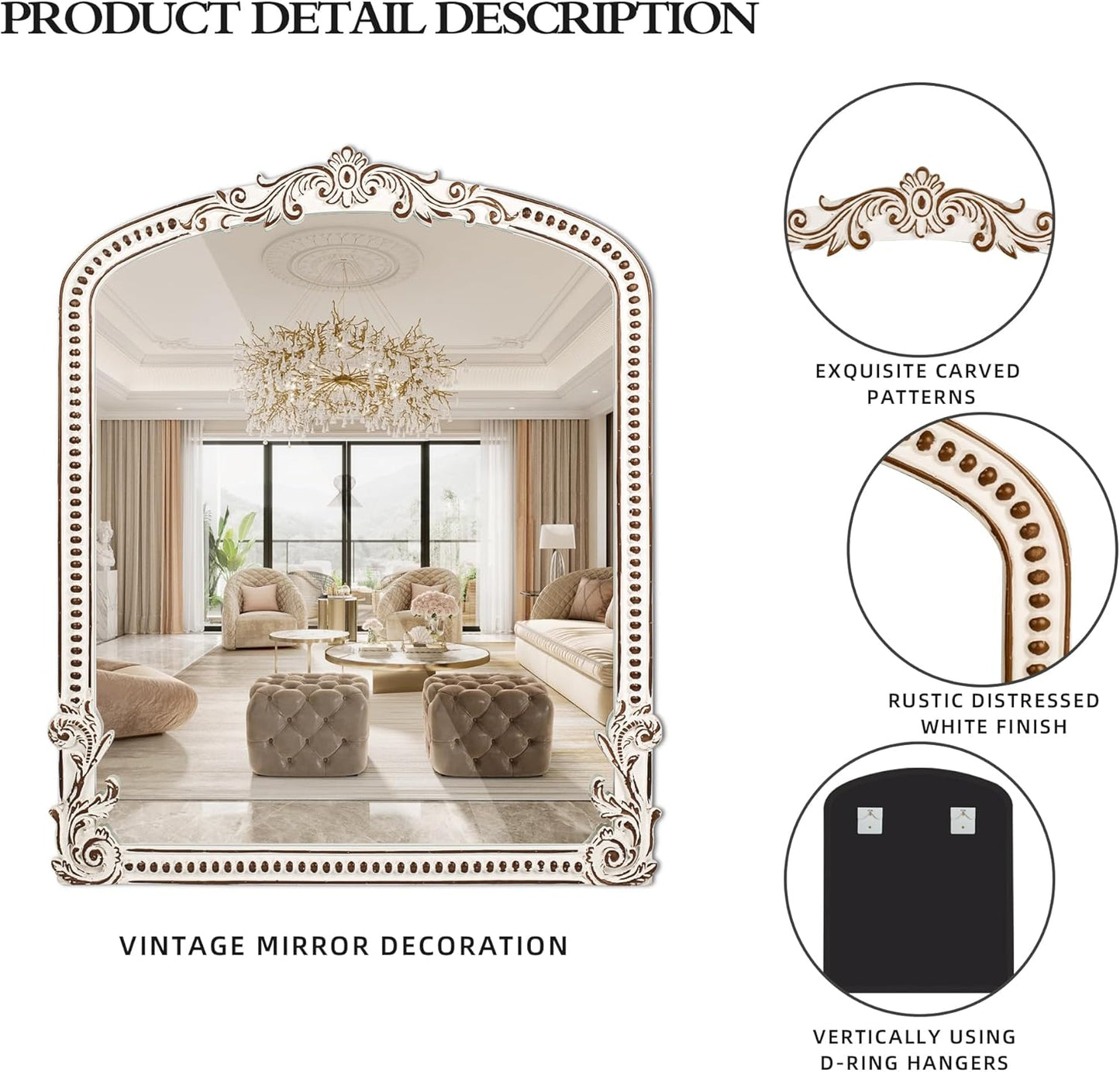 30x35 Inch Baroque Farmhouse Arched Wall Mirror Wooden, Rustic Distressed Decorative Mirrors for Fireplace, Living Room, Bedroom, Entryway, Bathroom