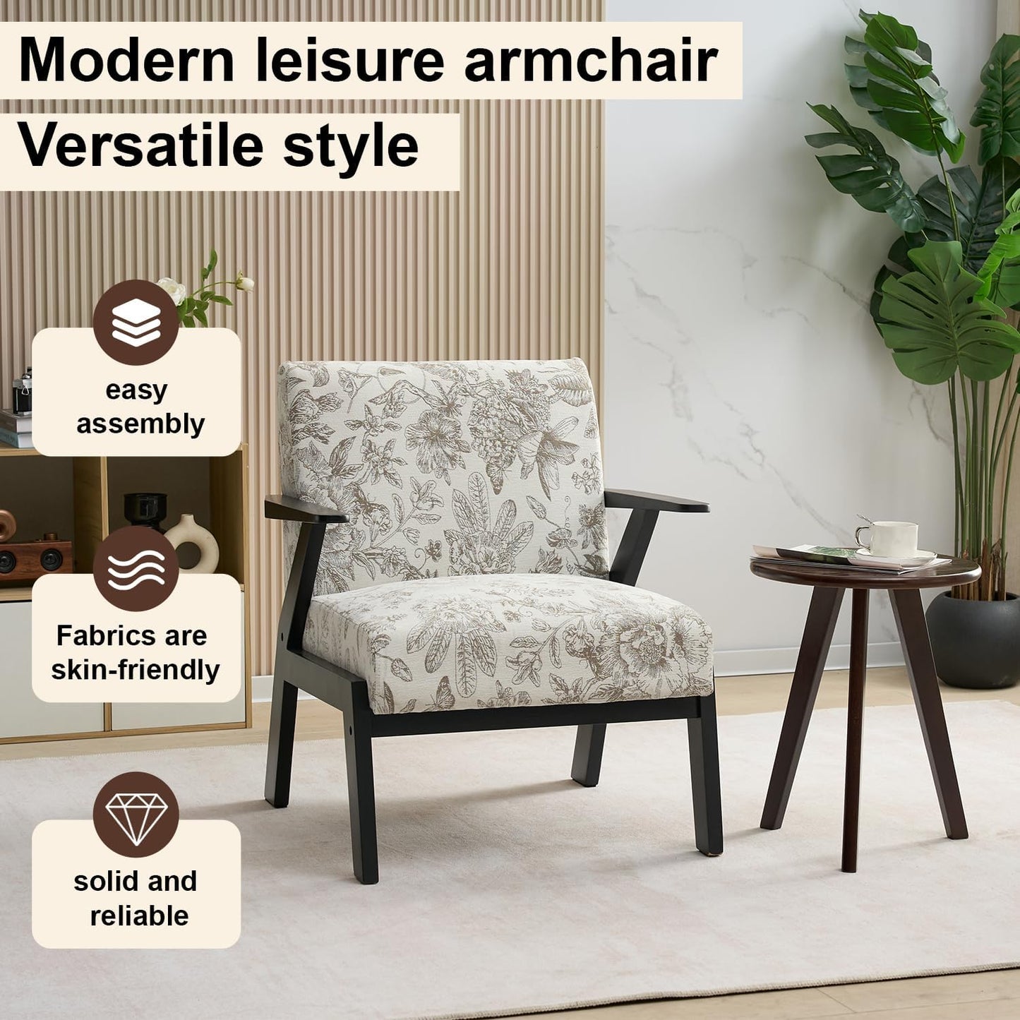 GDFStudio Aogex Accent Chair, Upholstered Club Chair, Printed Design Armchair, Wooden Frame Single Sofa, Back Support Seating, Comfort Reading Lounge, Reading Single Sofa for Living Room, Beige+Gray