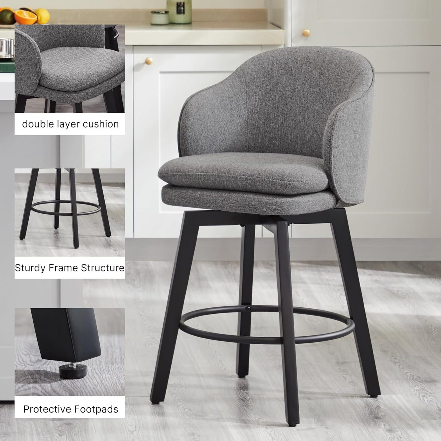 Counter Height Barstools 26 inch Upholstered Swivel Bar Stools with Back and Wood Legs for Kitchen Island,Set of 1,Dark Grey Fabric