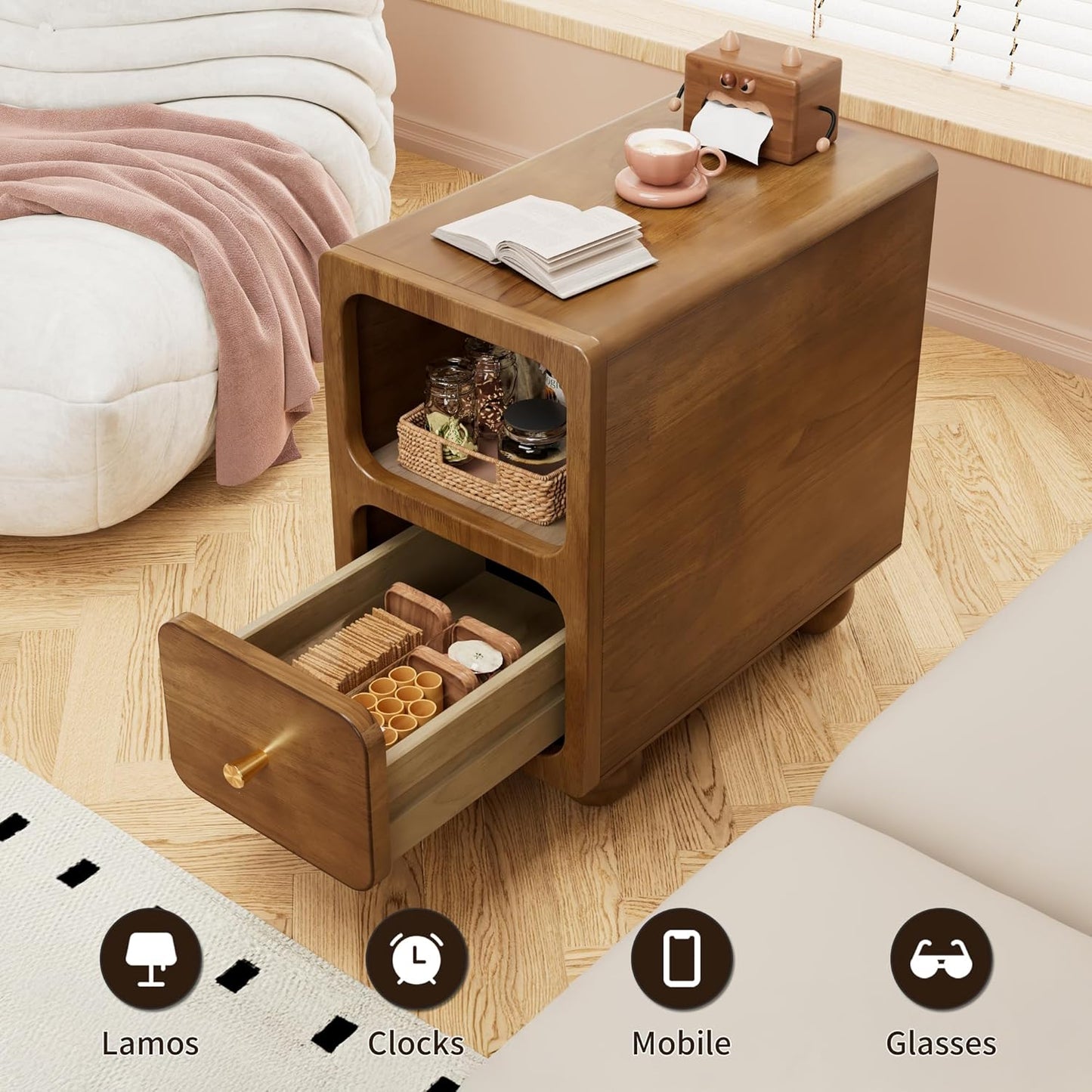 Small Narrow Nightstand with Drawers, Solid Wood Nightstand, Walnut Night Stand, Mid Century Side Table, Modern Bedside Tables for Bedroom (10 inch)