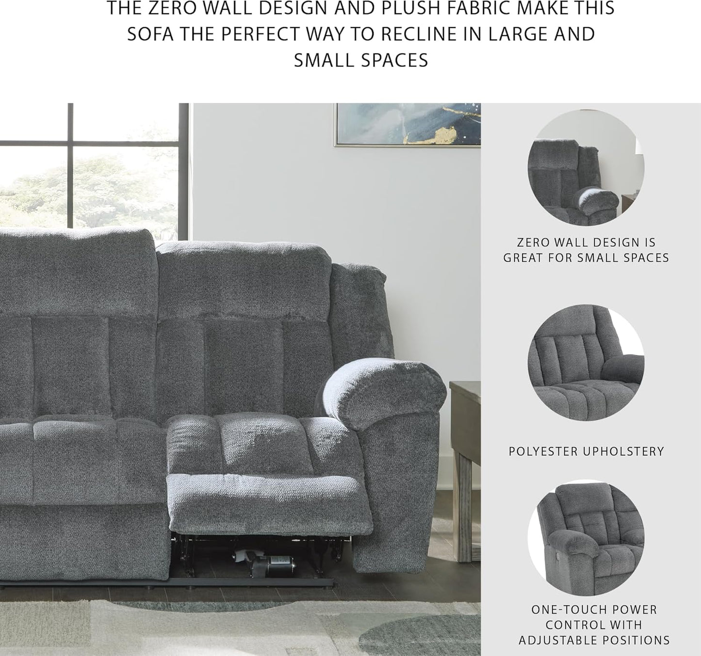 Signature Design by Ashley Tip-Off Modern Wall Hugger Power Reclining Sofa with Adjustable Headrest and USB Ports, Gray