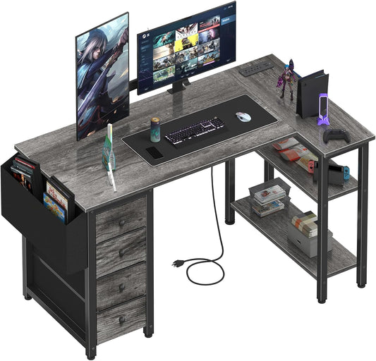 Lufeiya L Shaped Computer Desk with Drawers & Storage Shelves, 47 Inch Small Corner Desk with Power Outlet for Home Office Bedroom, L-Shaped Gaming PC Desks with Fabric Drawer, Gray