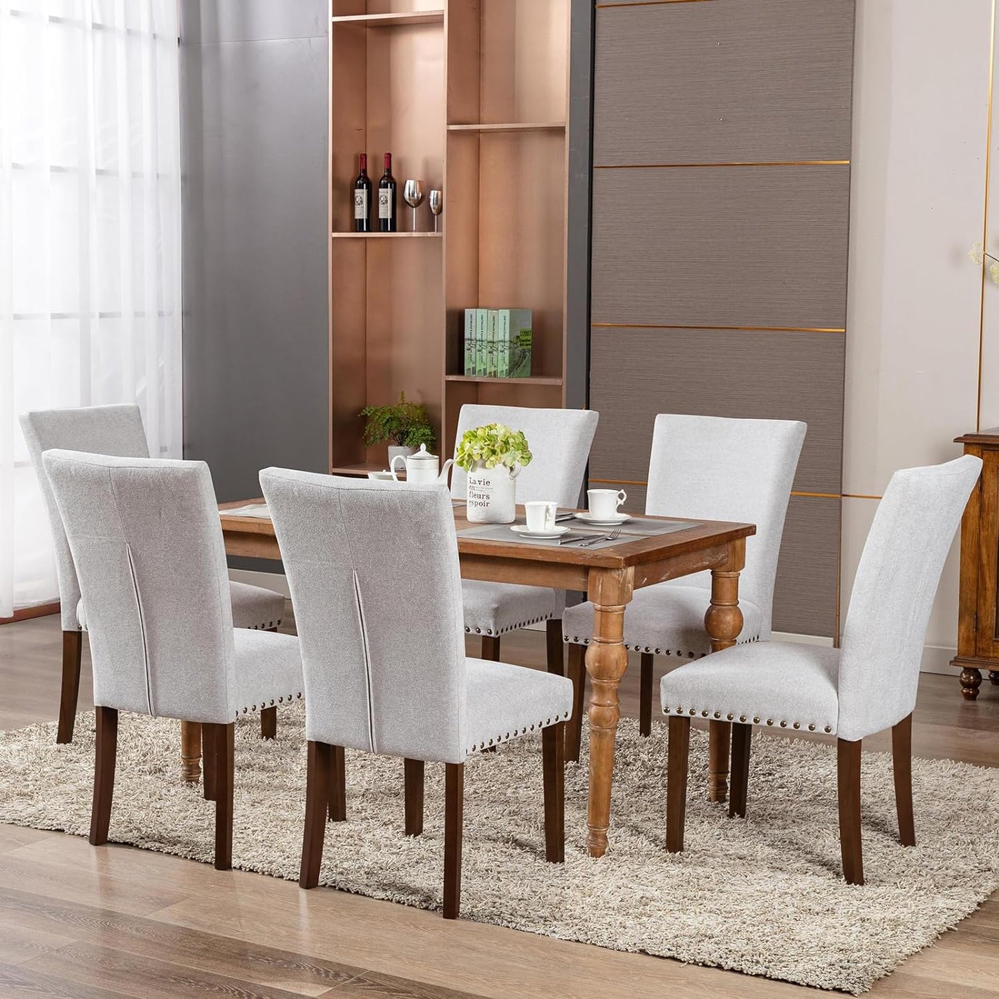 COLAMY Upholstered Parsons Dining Chairs Set of 2, Fabric Dining Room Kitchen Side Chair with Nailhead Trim and Wood Legs - Light Grey