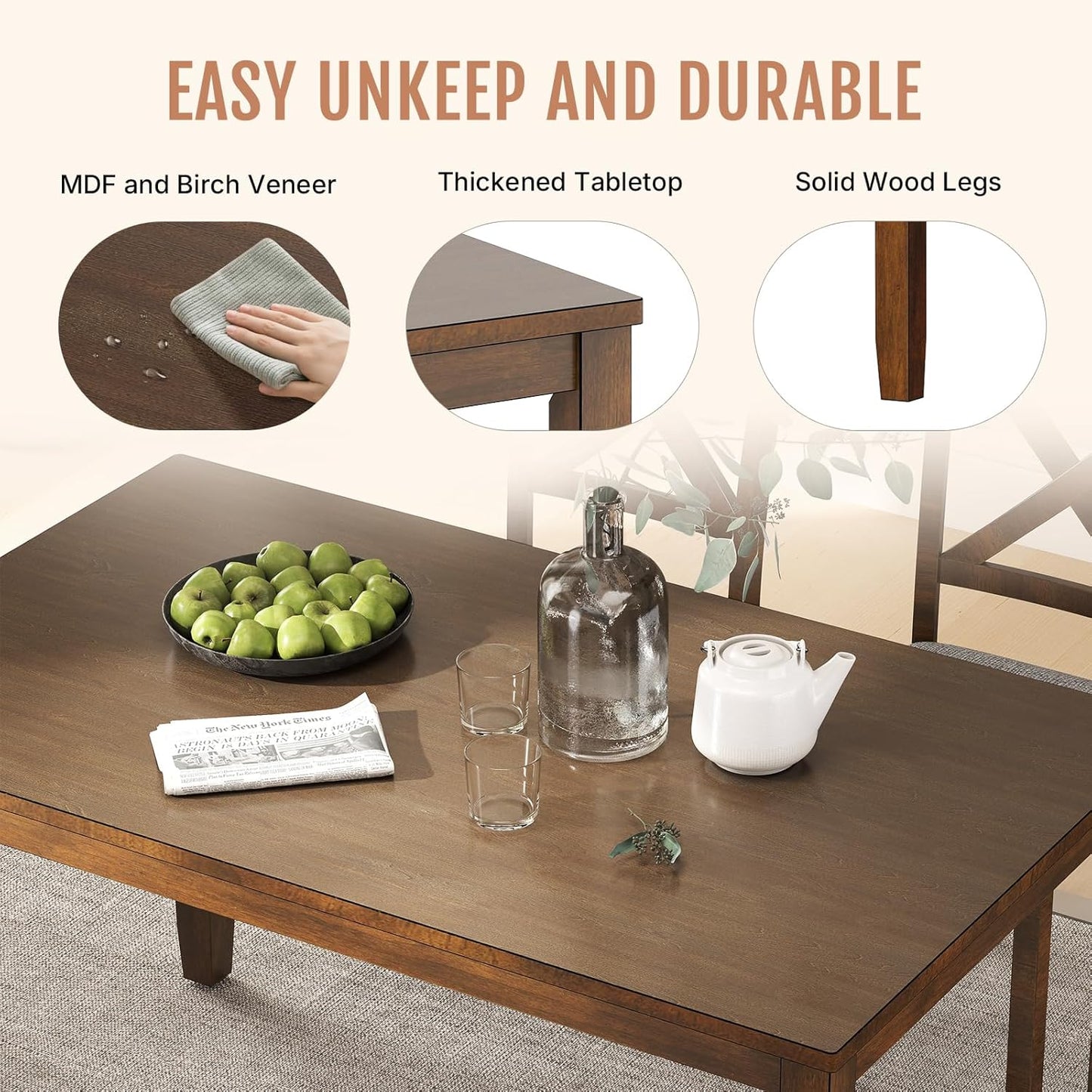 6-Piece Solid Wood Dining Table Set, Including 1 Dining Table, 4 Upholstered Chairs and 1 Bench, Wooden Dining Table Set for Kitchen, Dining Room, Walnut