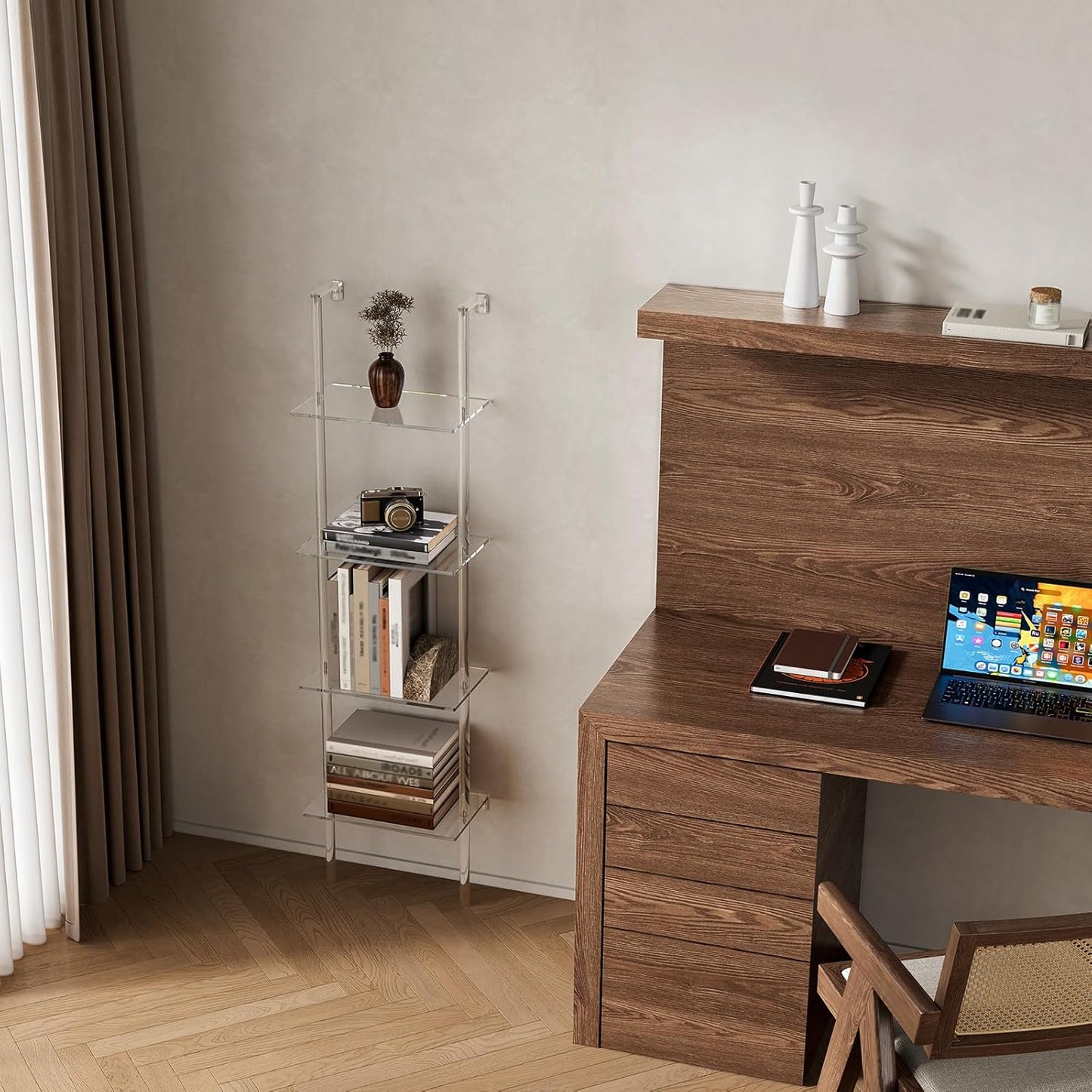 Small Acrylic Ladder Bookshelf, 9.5" D x 15.6" W, 4-Tier Clear Wall Mounted Book Shelf for Small Spaces, Multipurpose Bookcase for Living Room, Bathroom, Office, Modern, 59" H