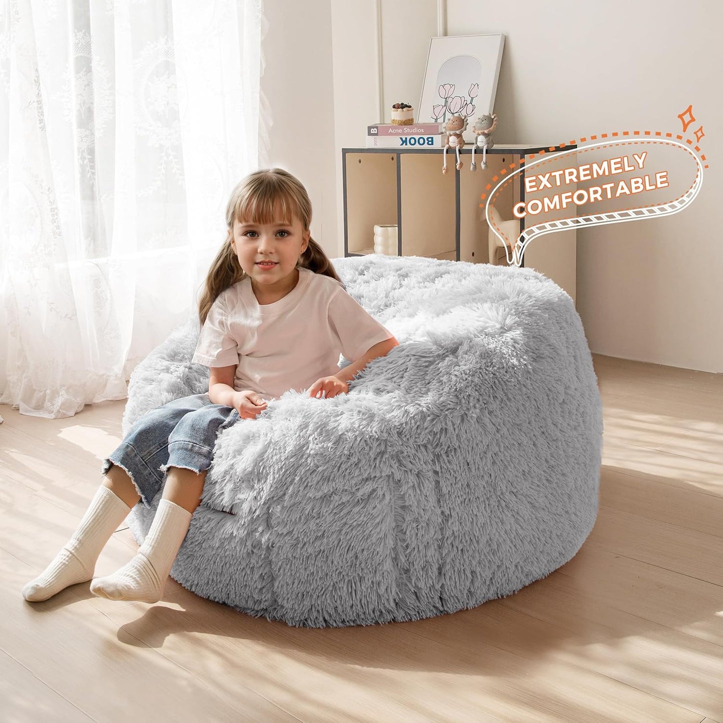 MAXYOYO Kids Bean Bag Chair, Stuffed Faux Fur Bean Bag for Toddler, Ultra Soft Floor Sofa with High-Density Foam Filling, Lazy Chair for Living Room, Playroom, Nursery Room