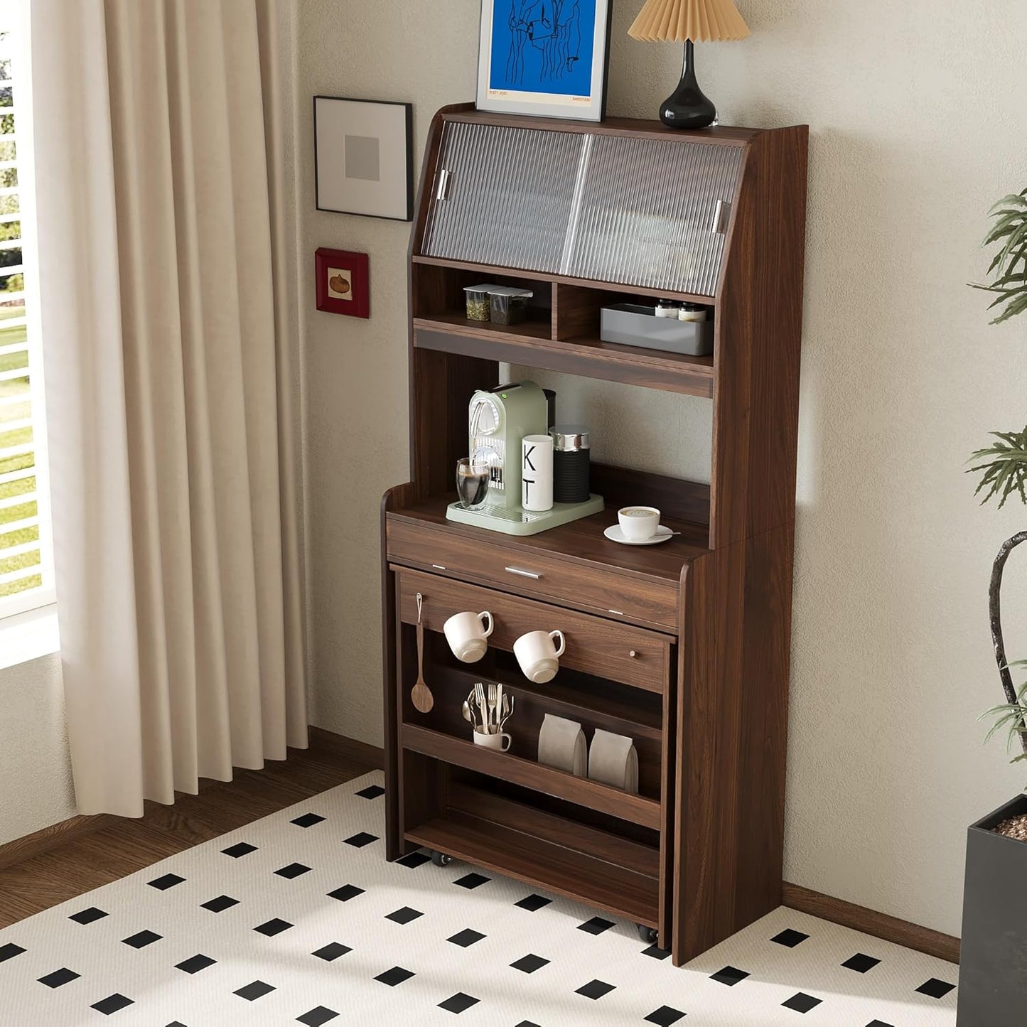 Merax Sideboard Buffet Cabinet with Foldable Dining Table, Multifunctional Cupboard with Storage Shelf and Hooks, for Small Places,Studio, Apartment