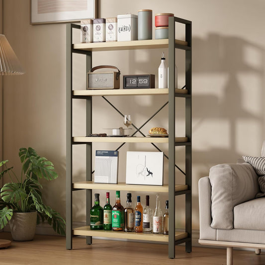 Real Solid Wood Rustic Vintage Industrial Etagere Bookshelf, Metal & Timber Free Vintage Bookcase, Retro Brown (Genuine Timber) (5-Tiers-Real Wood)