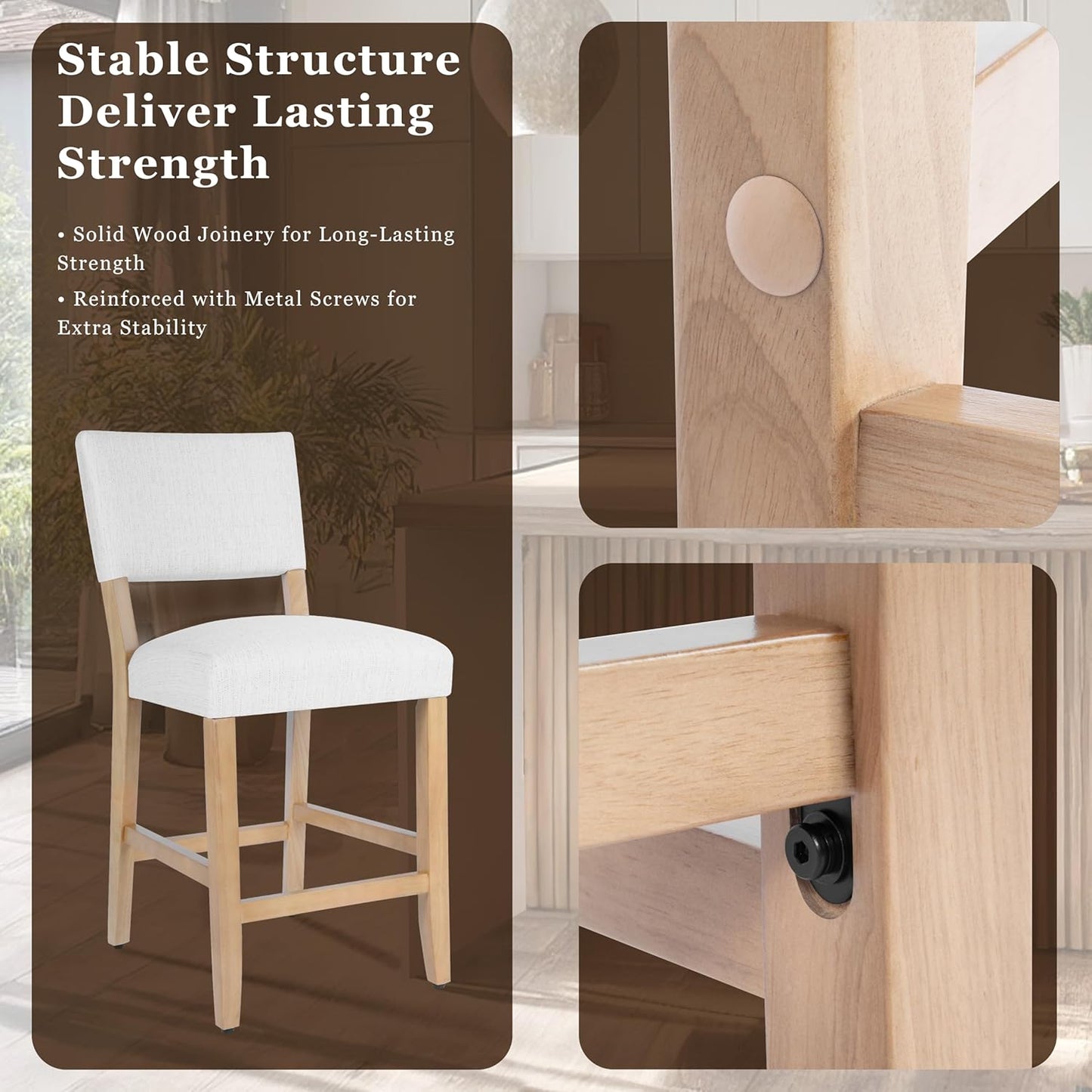 HomePop 24" Open Back Counter Stool Home Décor|Fabric Chairs for Dining Room, Kitchen and Living Room - Stain Resistant White Woven(Single Pack)