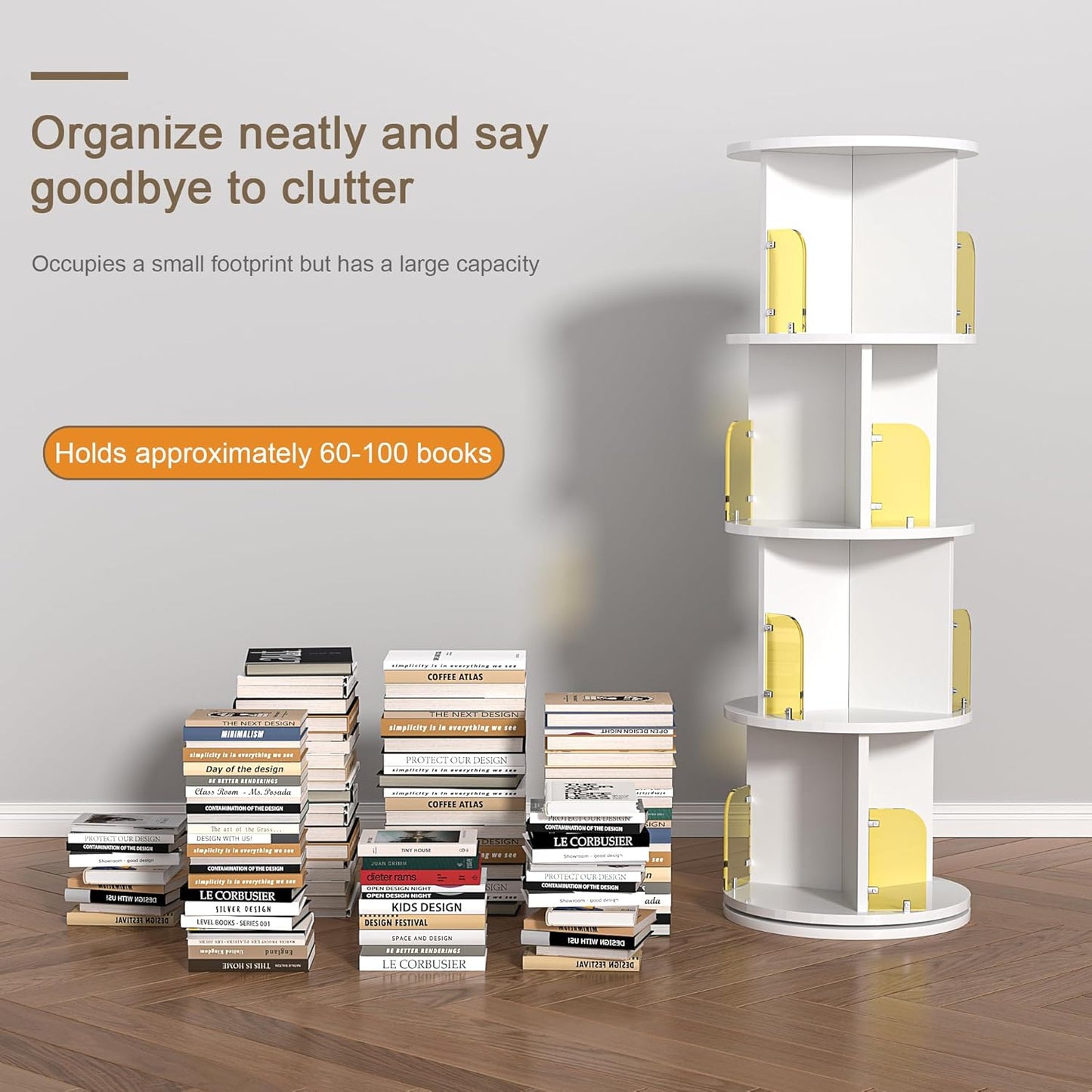 VECELO 4-Tier Rotating Bookshelf, Small Corner Bookshelf for Small Space, 360 Display Floor Standing Bookcase Storage Rack, Wood Narrow Book Shelf Organizer for Bedroom, Living Room, White