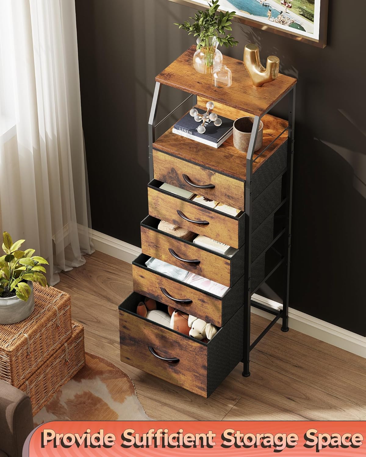 WLIVE Tall Night Stand with 5 Fabric Drawers, Bedroom Nightstand with 5 Drawers & 2 Open Shelves, Fabric Dresser Organizer, Sturdy Steel Frame Bedside Table, Rustic Brown Wood Grain Print