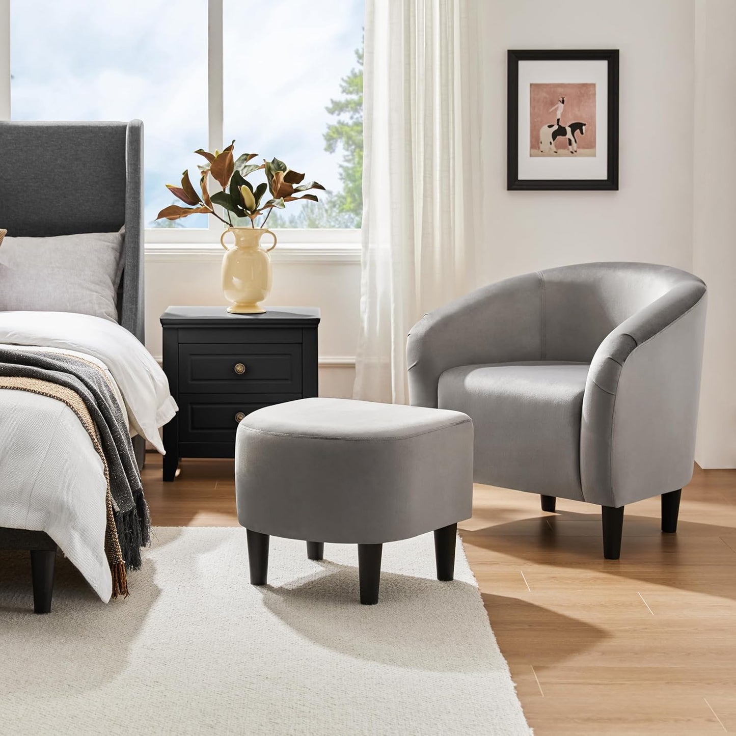 Yaheetech Accent Chair with Ottoman Set, Modern Upholstered Soft Barrel Chair with Footstool, Comfy Fabric Armchair and Footrest for Living Room/Bedroom/Reading Room/Guestroom, Gray