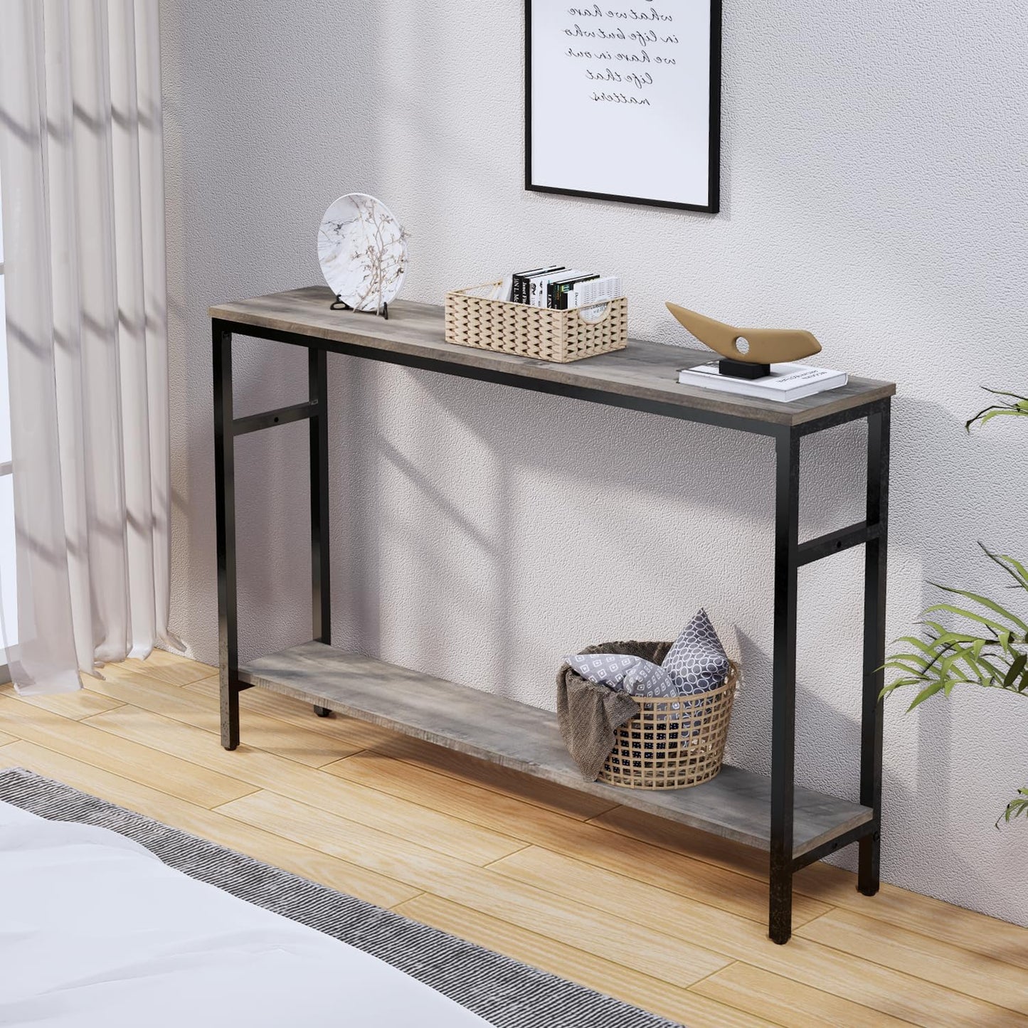 Narrow Console Table, 47 Inch Sofa Table with Adjustable Shelf, 2-Tier Long Skinny Table for Hallway, Entryway, Living Room, Foyer, Grey