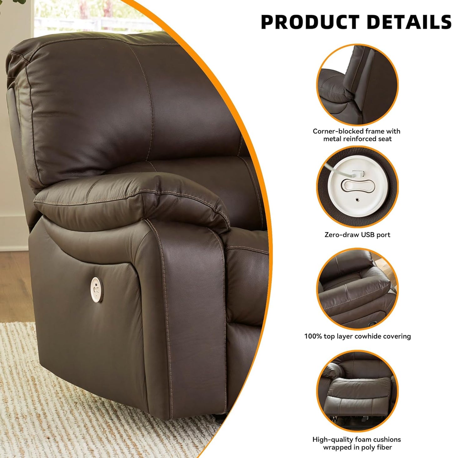 Signature Design by Ashley Leesworth Modern Leather Match Power Reclining Sofa with USB Ports, Dark Brown