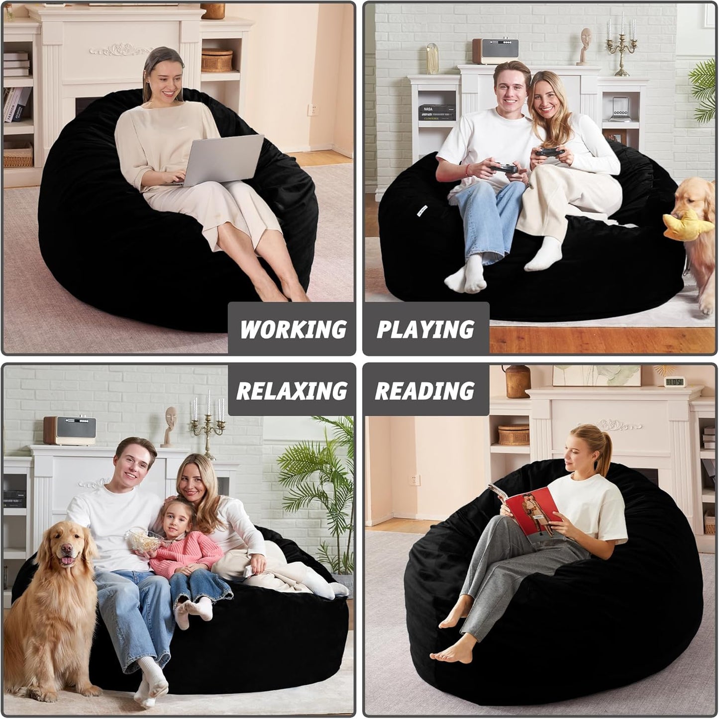5FT Bean Bag Chair with Ultra Soft Velvet Cover Bean Bag Sofa with Memory Foam Bean Bag Chairs with Large Size Lazy Sofa for Dorm Office Living Room Bedroom Black 5'