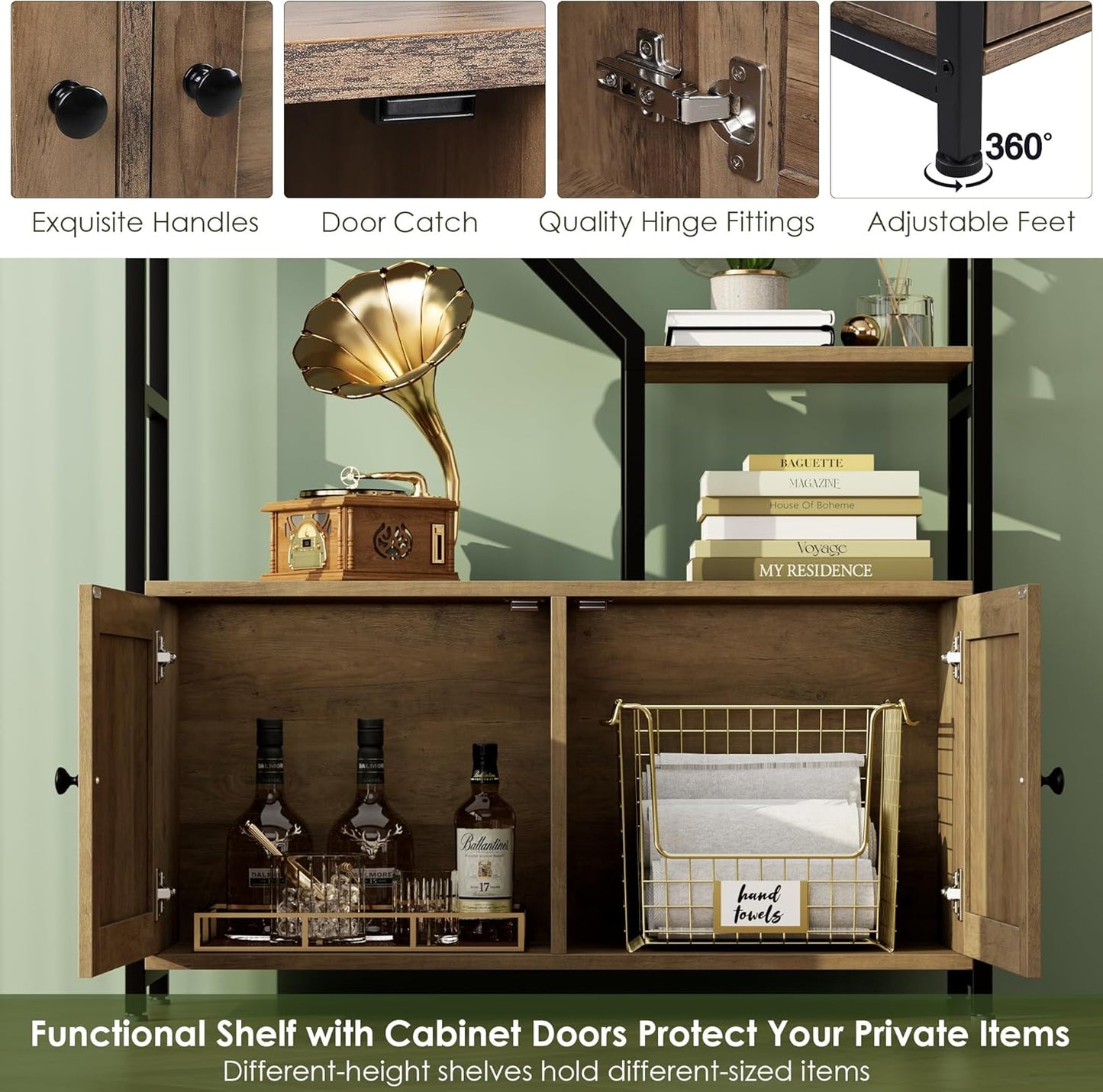 76" Tall Shelf with Storage Cabinet Doors, 6 Tier Open Bookshelf for Multi-use Display, Staggered Book Shelf Etagere Bookcase for Home Office/Living Room, Deep Metal & Wood Accent Shelf, Rustic Brown